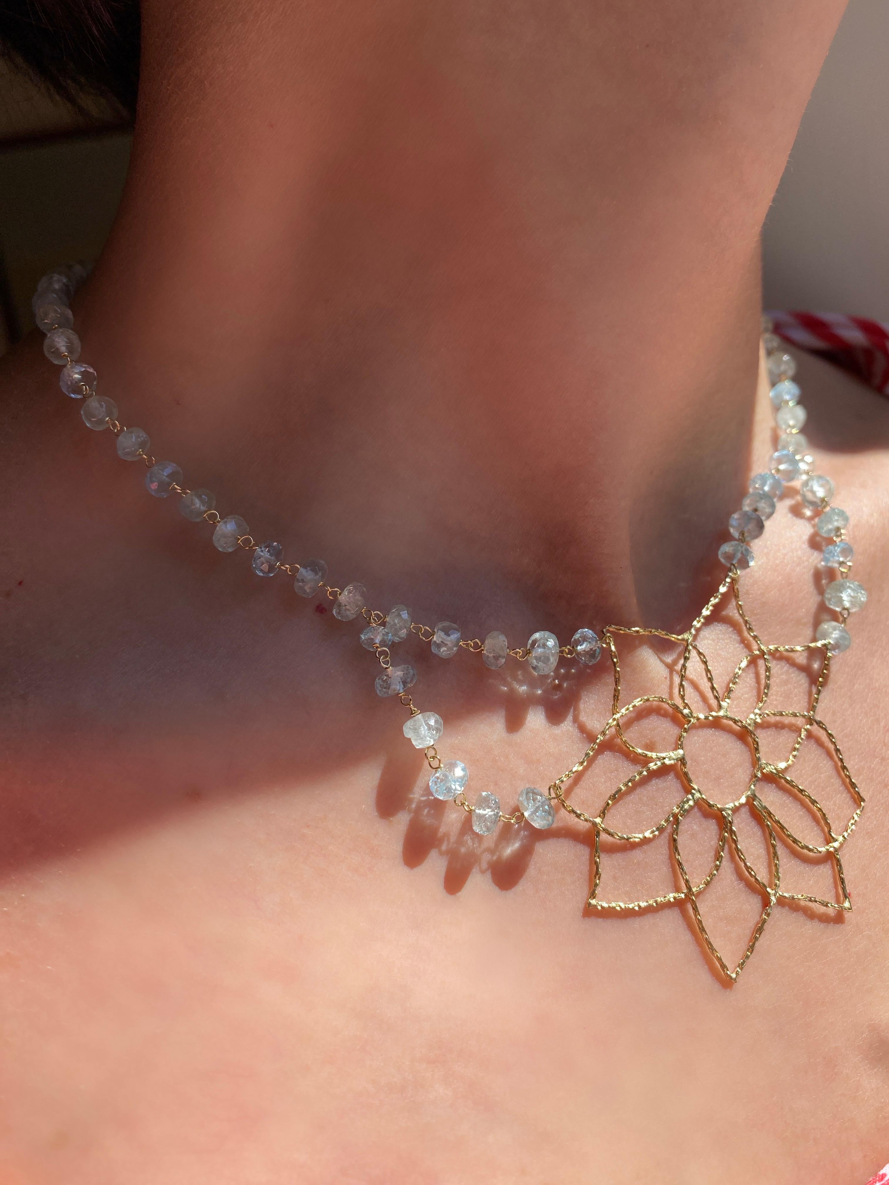 Rossella Ugolini 18k Yellow Gold Aquamarine Mandala Flower Handcrafted Necklaces For Sale 6