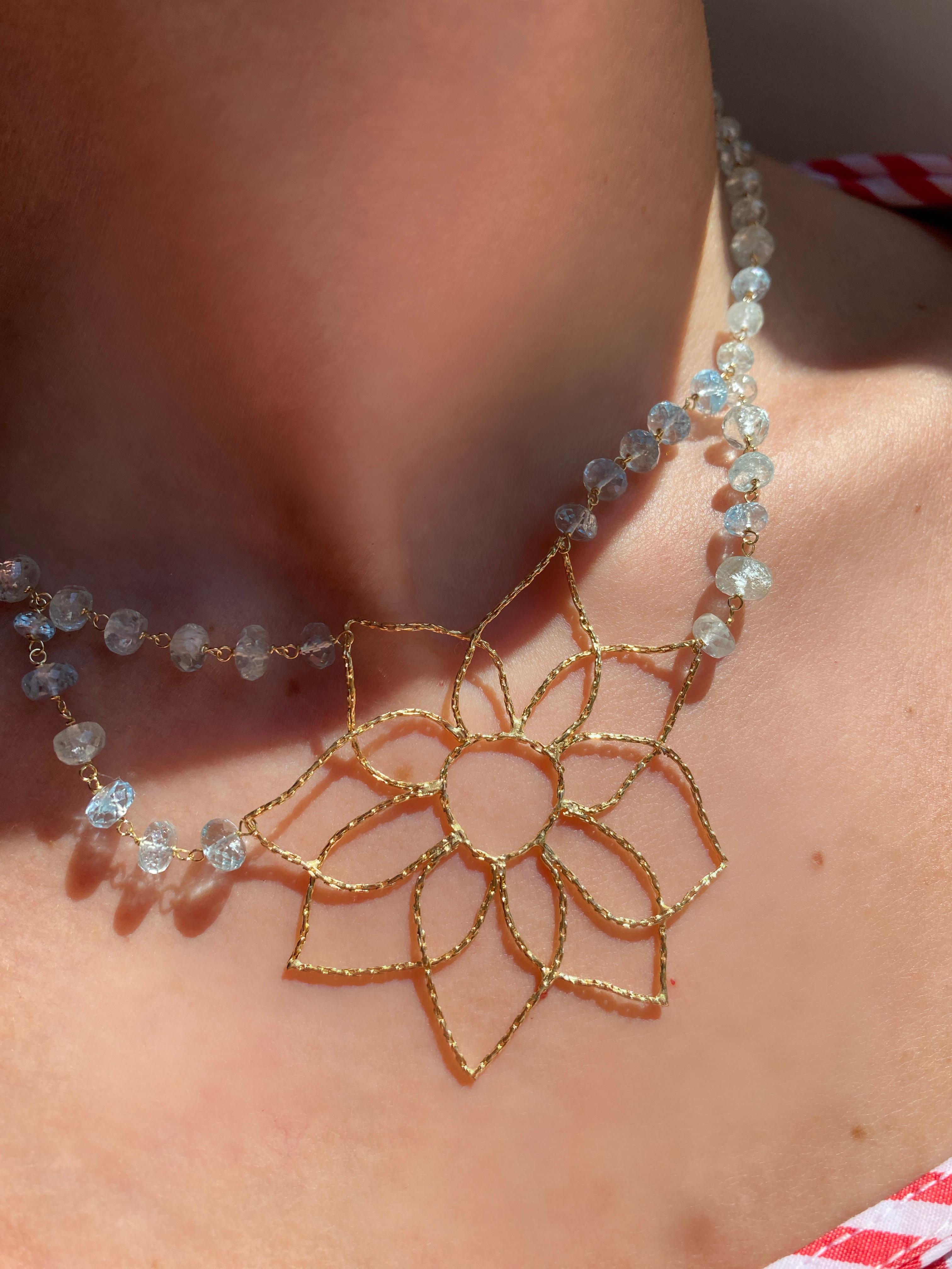 Rossella Ugolini 18k Yellow Gold Aquamarine Mandala Flower Handcrafted Necklaces For Sale 7