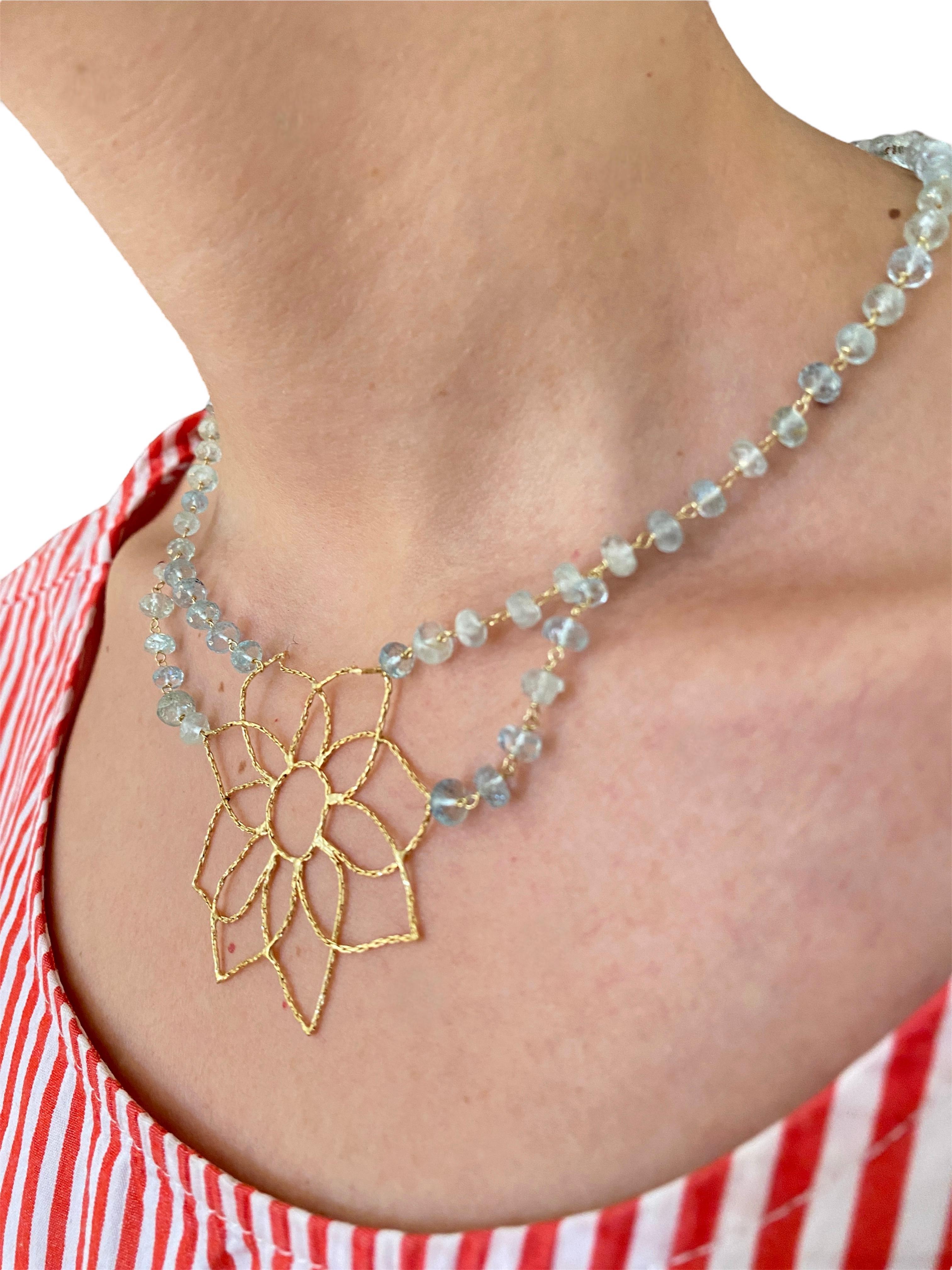 Romantic Rossella Ugolini 18k Yellow Gold Aquamarine Mandala Flower Handcrafted Necklaces For Sale