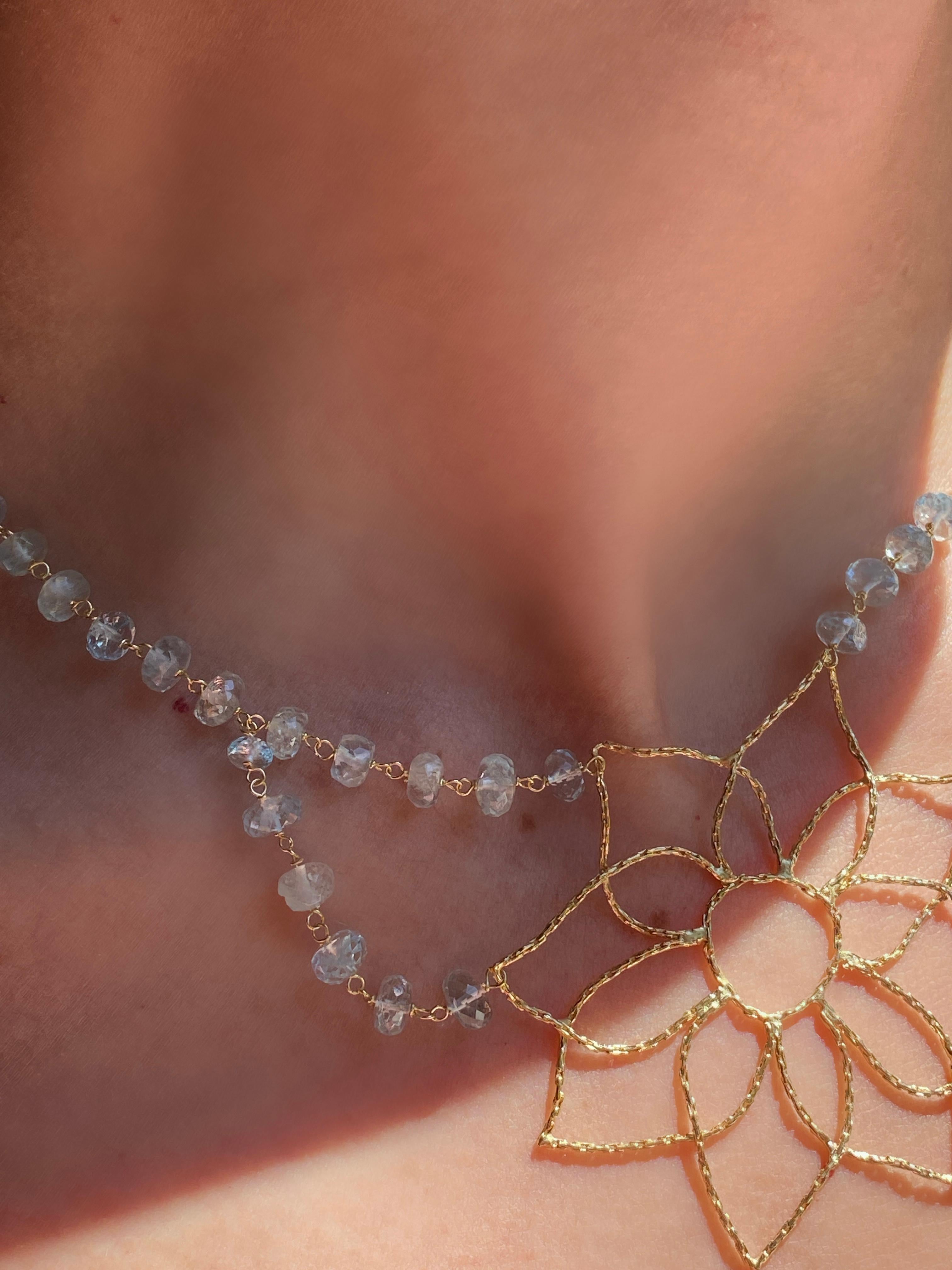 Bead Rossella Ugolini 18k Yellow Gold Aquamarine Mandala Flower Handcrafted Necklaces For Sale