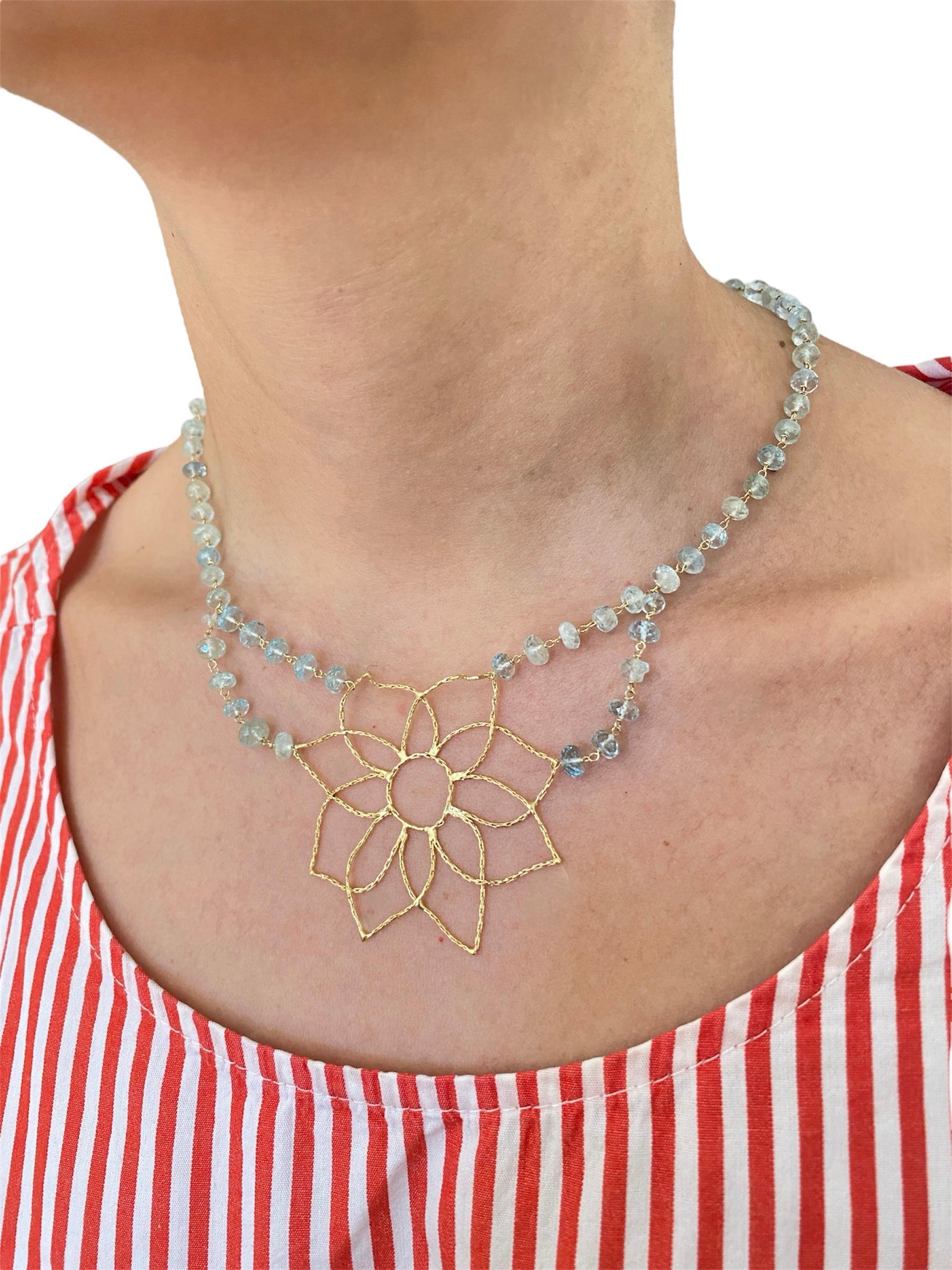 Rossella Ugolini 18k Yellow Gold Aquamarine Mandala Flower Handcrafted Necklaces For Sale 1