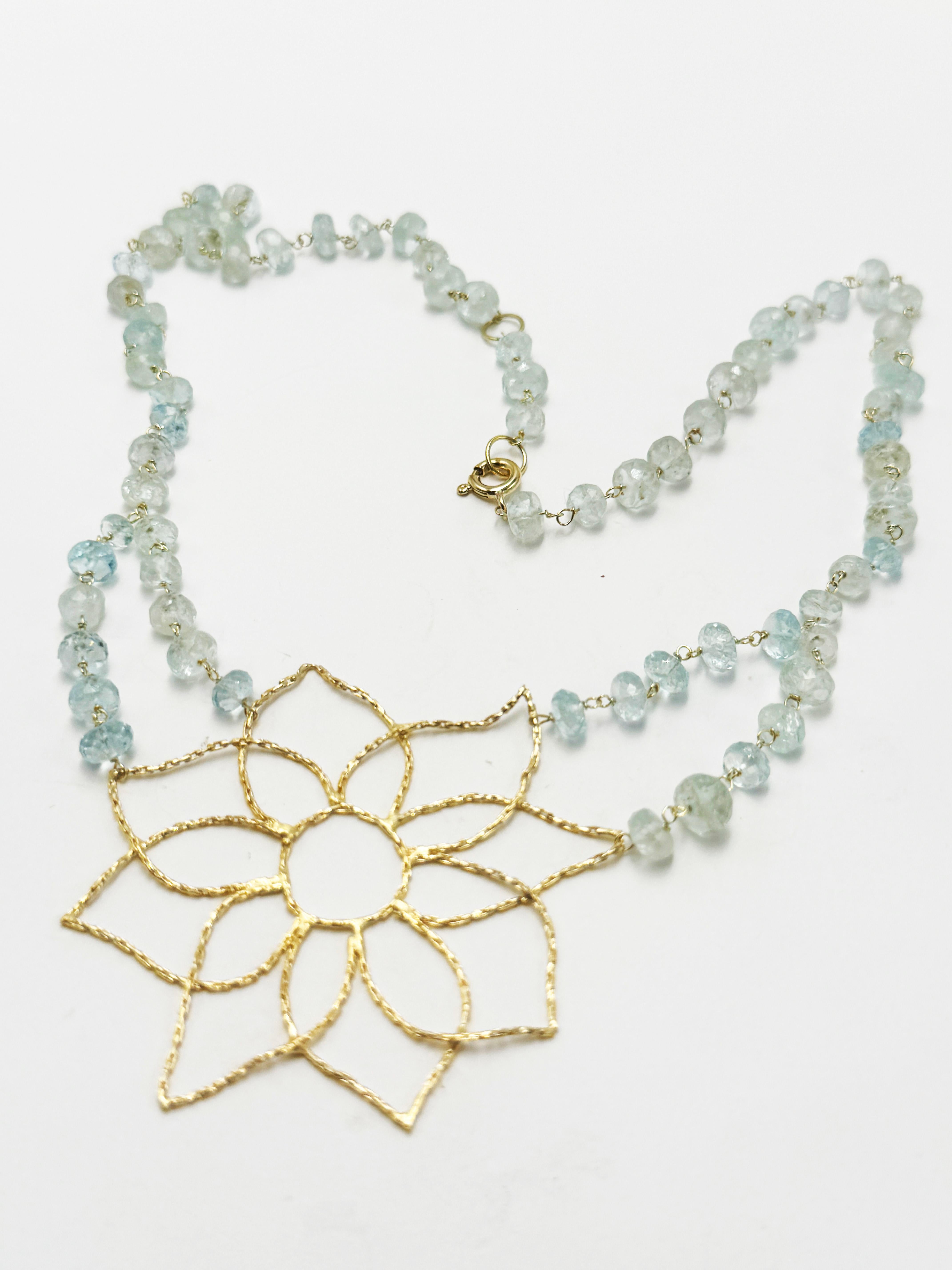 Rossella Ugolini 18k Yellow Gold Aquamarine Mandala Flower Handcrafted Necklaces For Sale 2
