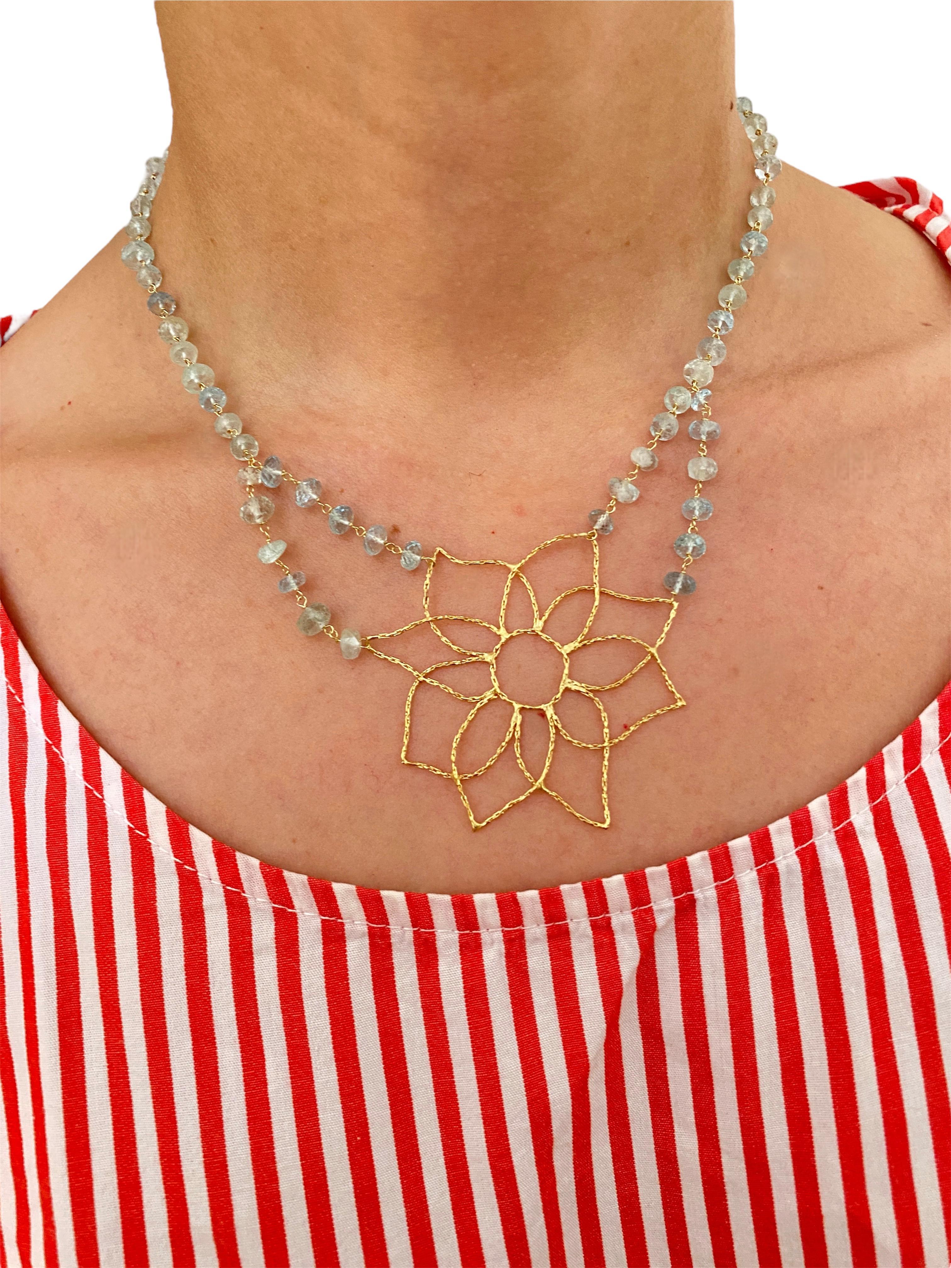 Rossella Ugolini 18k Yellow Gold Aquamarine Mandala Flower Handcrafted Necklaces For Sale 3