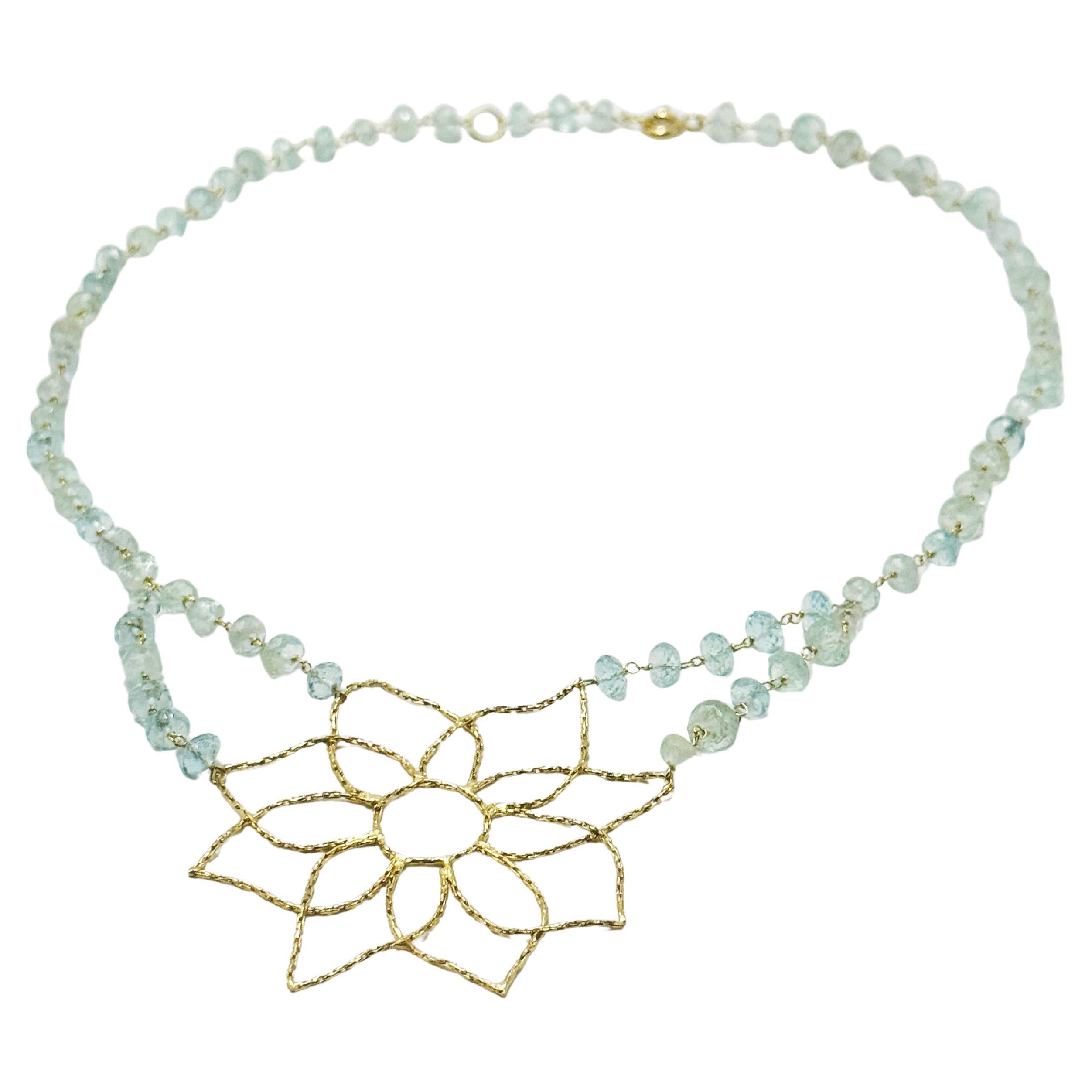 Rossella Ugolini 18k Yellow Gold Aquamarine Mandala Flower Handcrafted Necklaces For Sale