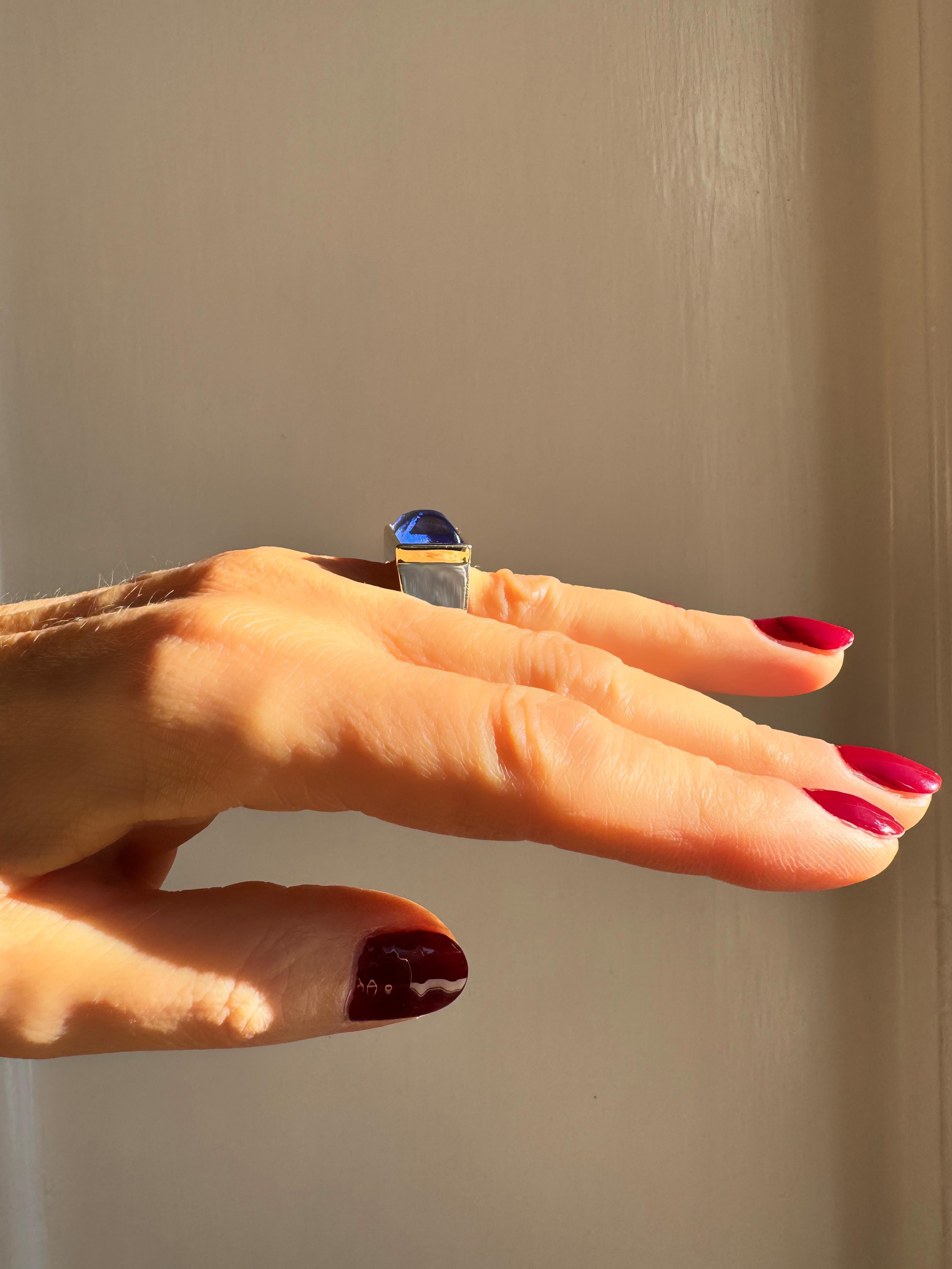 Rossella Ugolini 18K Yellow Gold Bezel Lapis Lazuli Platinum Cocktail Ring For Sale 7