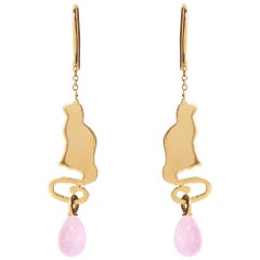 Rossella Ugolini 18k Yellow Gold Cat Earrings with Rose Quartz Drops