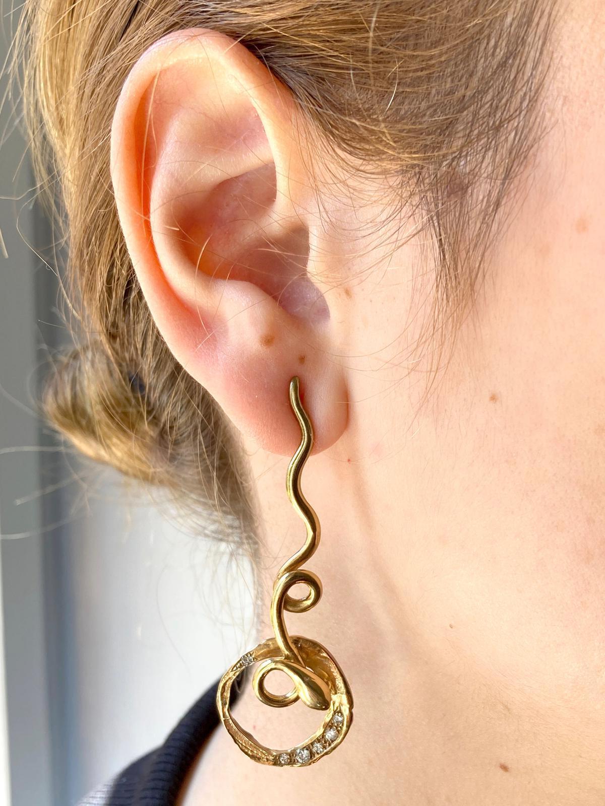 Rossella Ugolini 18K Yellow Gold Diamonds Hammered Handcrafted Snake Earrings For Sale 3
