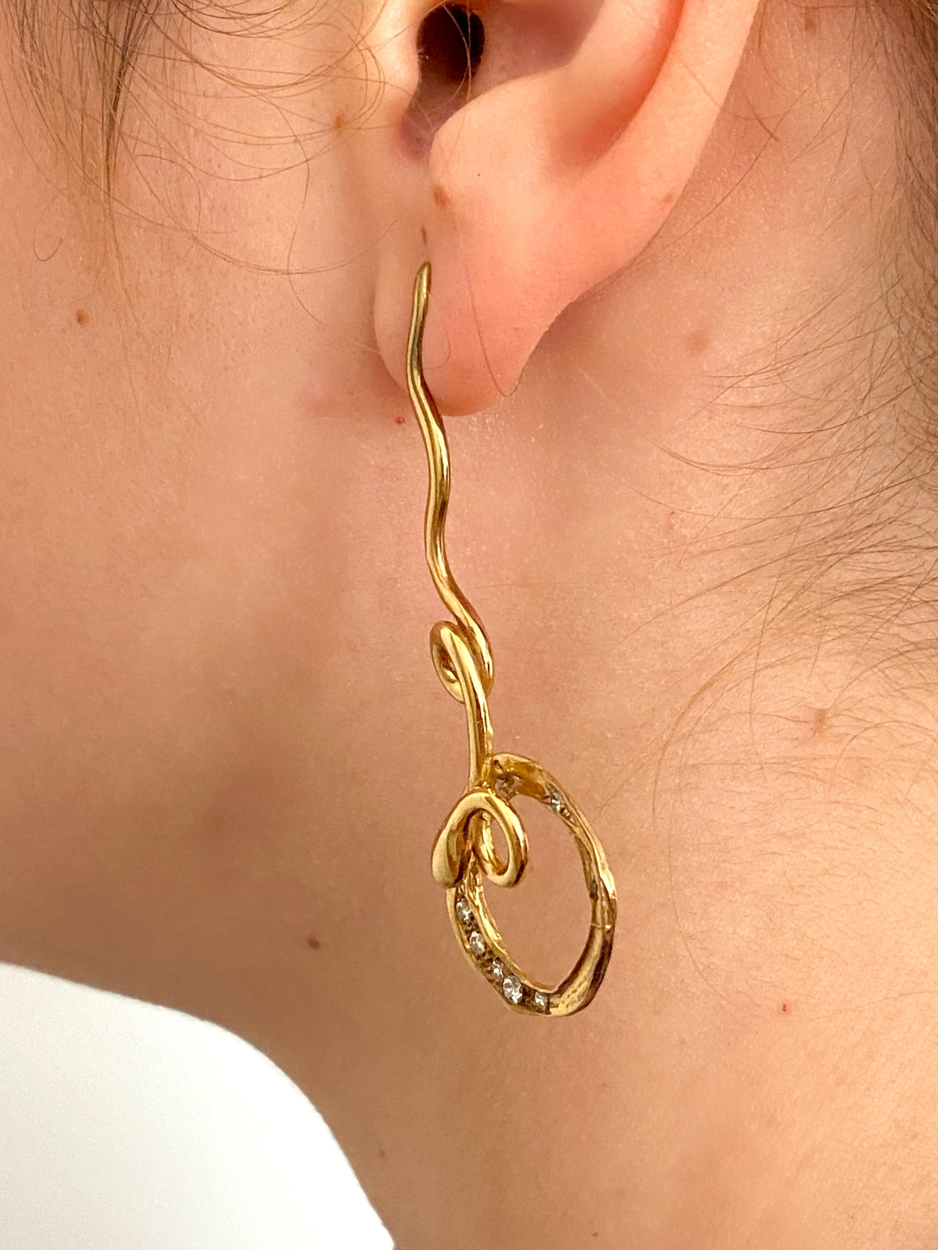 Women's Rossella Ugolini 18K Yellow Gold Diamonds Hammered Handcrafted Snake Earrings For Sale