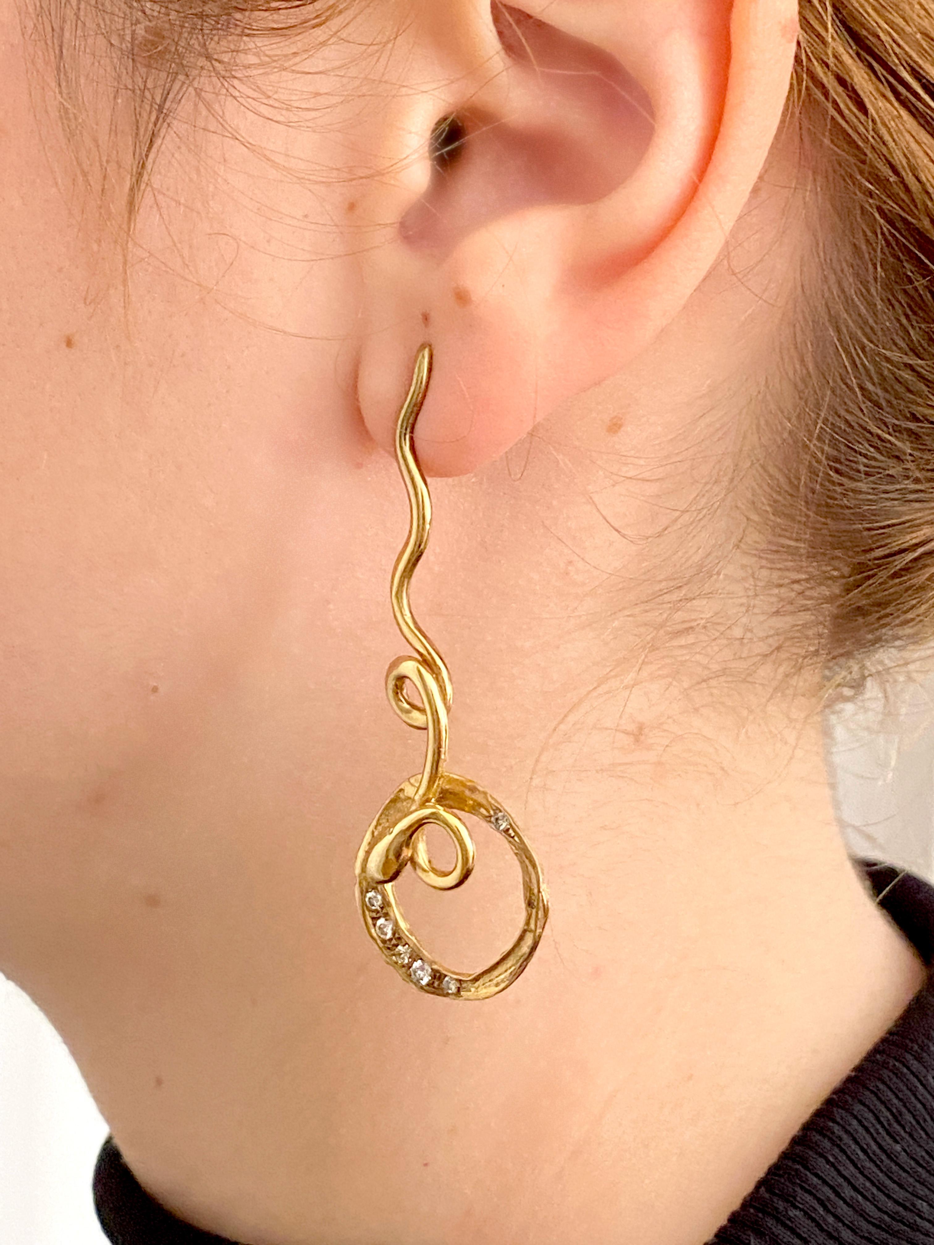 Rossella Ugolini 18K Yellow Gold Diamonds Hammered Handcrafted Snake Earrings For Sale 2
