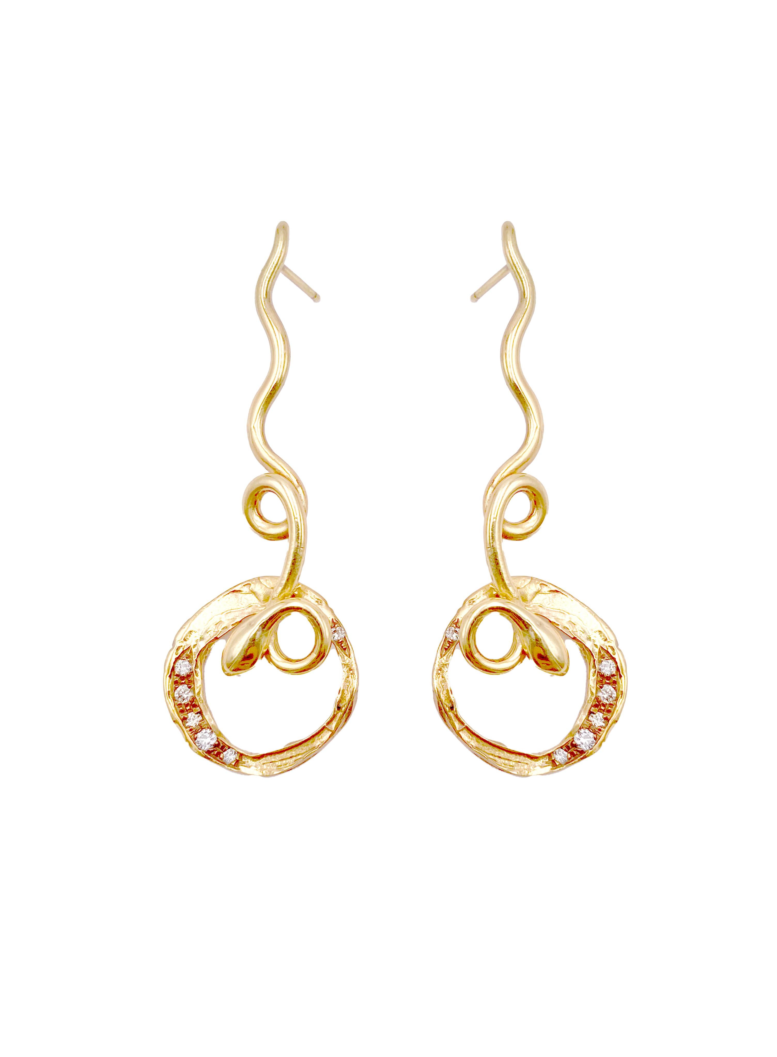 Rossella Ugolini 18K Yellow Gold Diamonds Hammered Handcrafted Snake Earrings For Sale 4