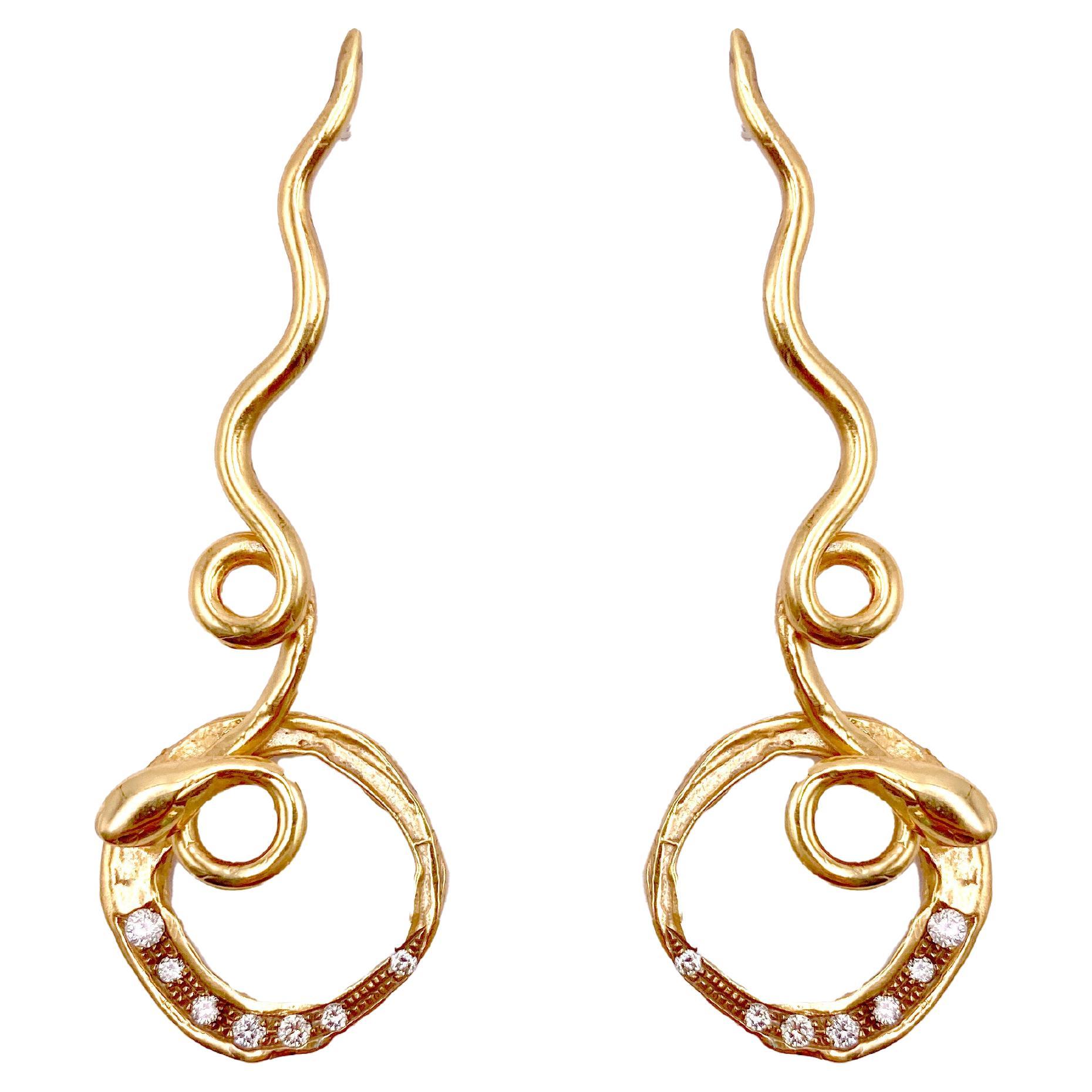Rossella Ugolini 18K Yellow Gold Diamonds Hammered Handcrafted Snake Earrings