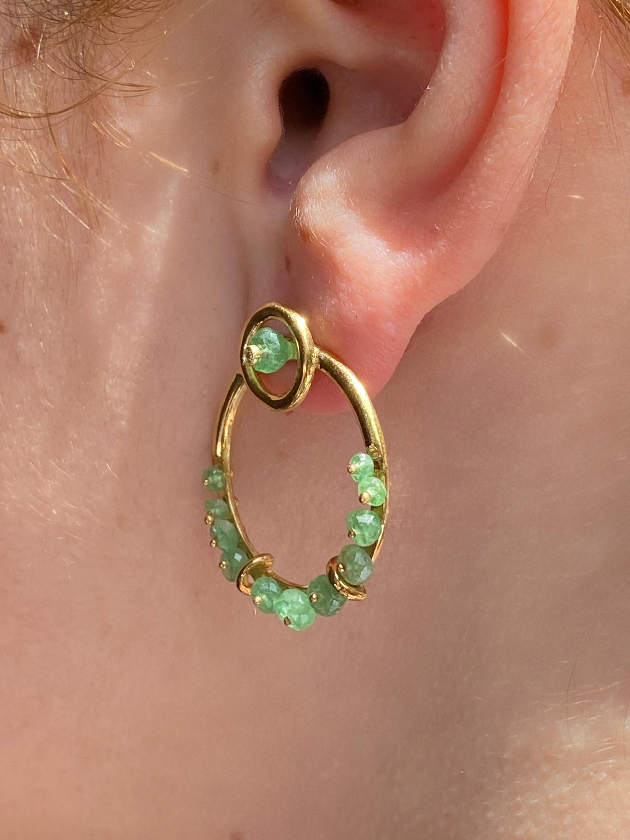 Rossella Ugolini 18K Yellow Gold Emerald Diamonds Hoops Nature Circle Earrings For Sale 4