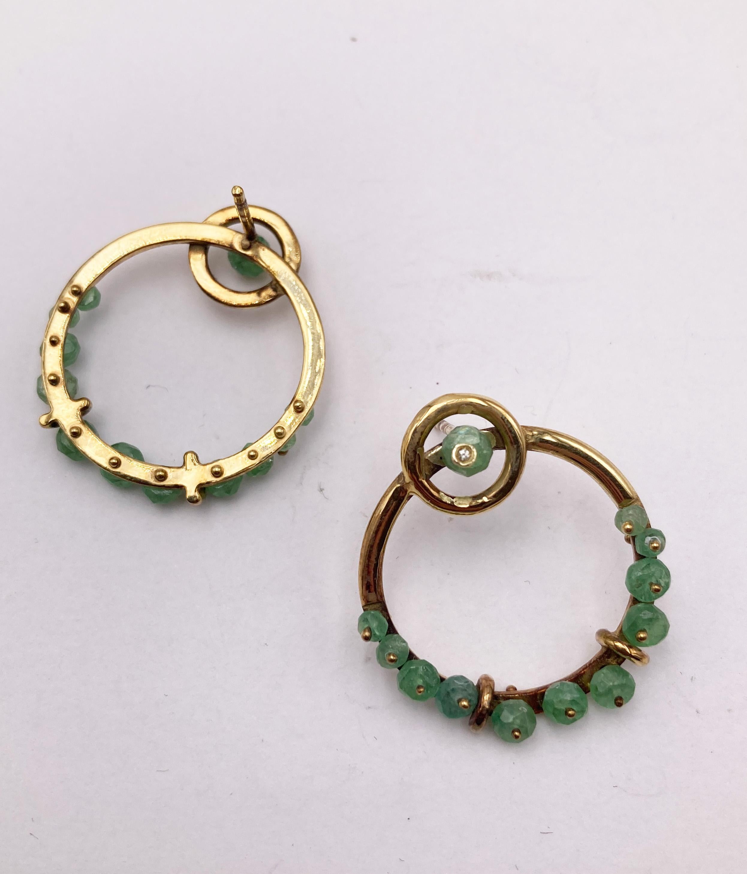 Rossella Ugolini 18K Yellow Gold Emerald Diamonds Hoops Nature Circle Earrings For Sale 5