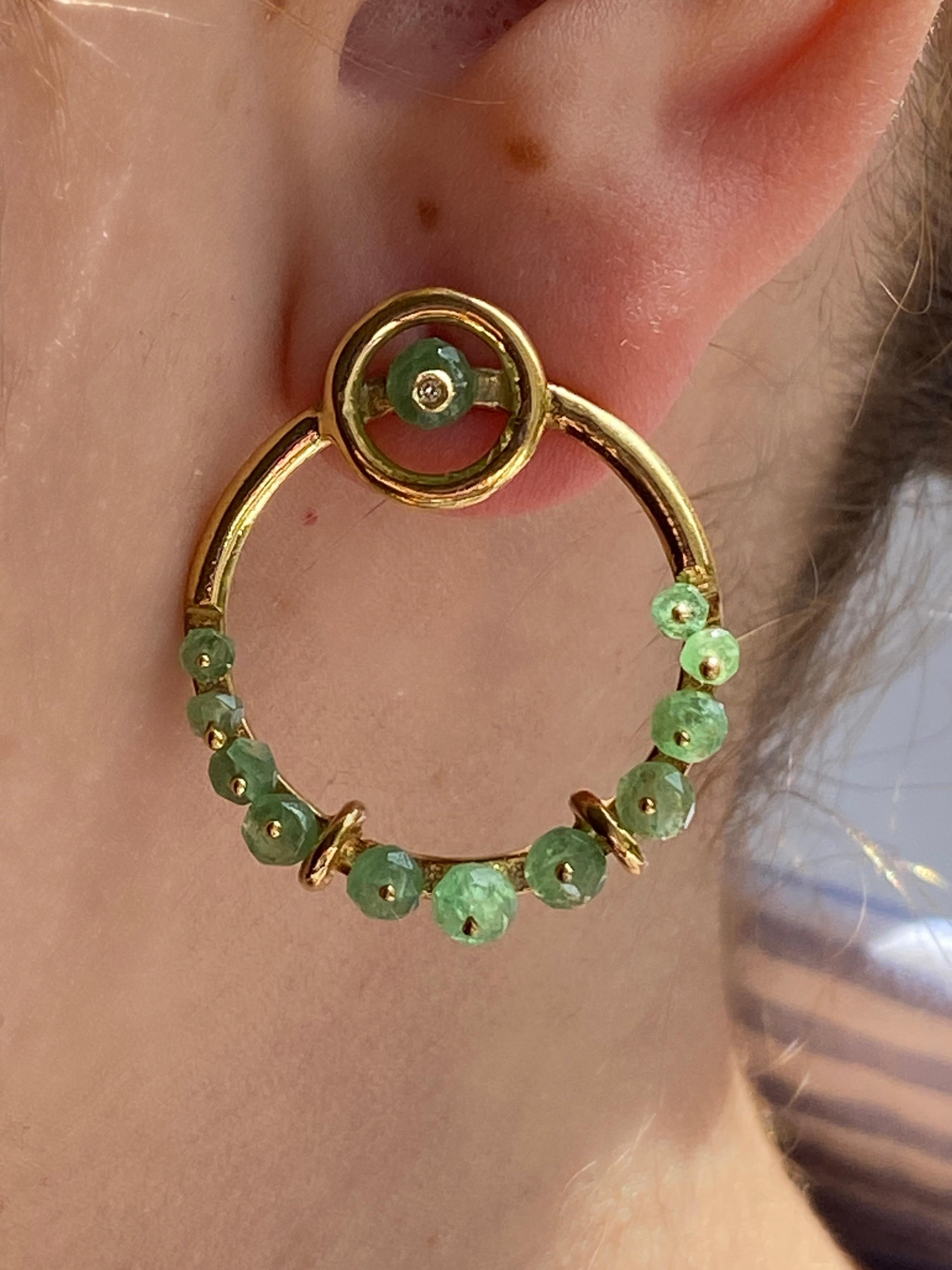 Modern Rossella Ugolini 18K Yellow Gold Emerald Diamonds Hoops Nature Circle Earrings For Sale