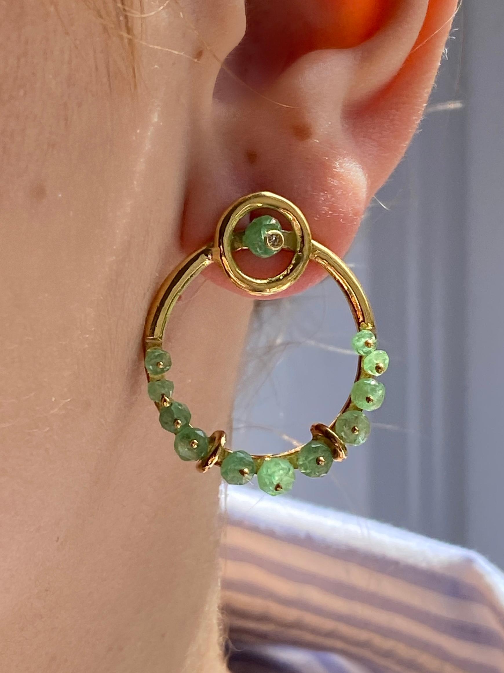 Bead Rossella Ugolini 18K Yellow Gold Emerald Diamonds Hoops Nature Circle Earrings For Sale