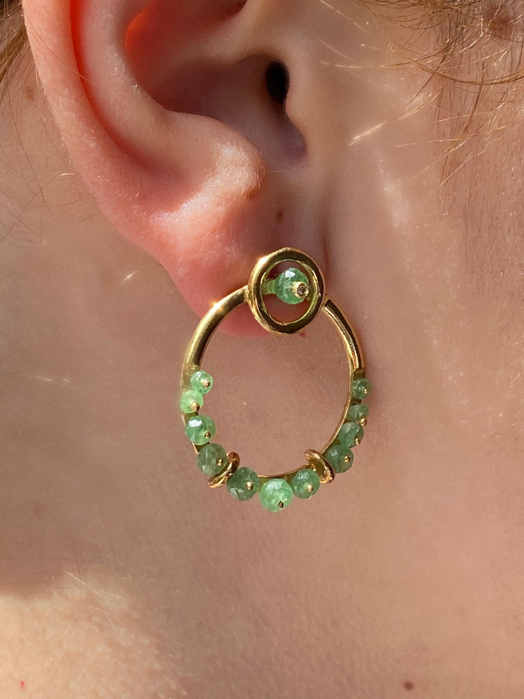 Rossella Ugolini 18K Yellow Gold Emerald Diamonds Hoops Nature Circle Earrings For Sale 1