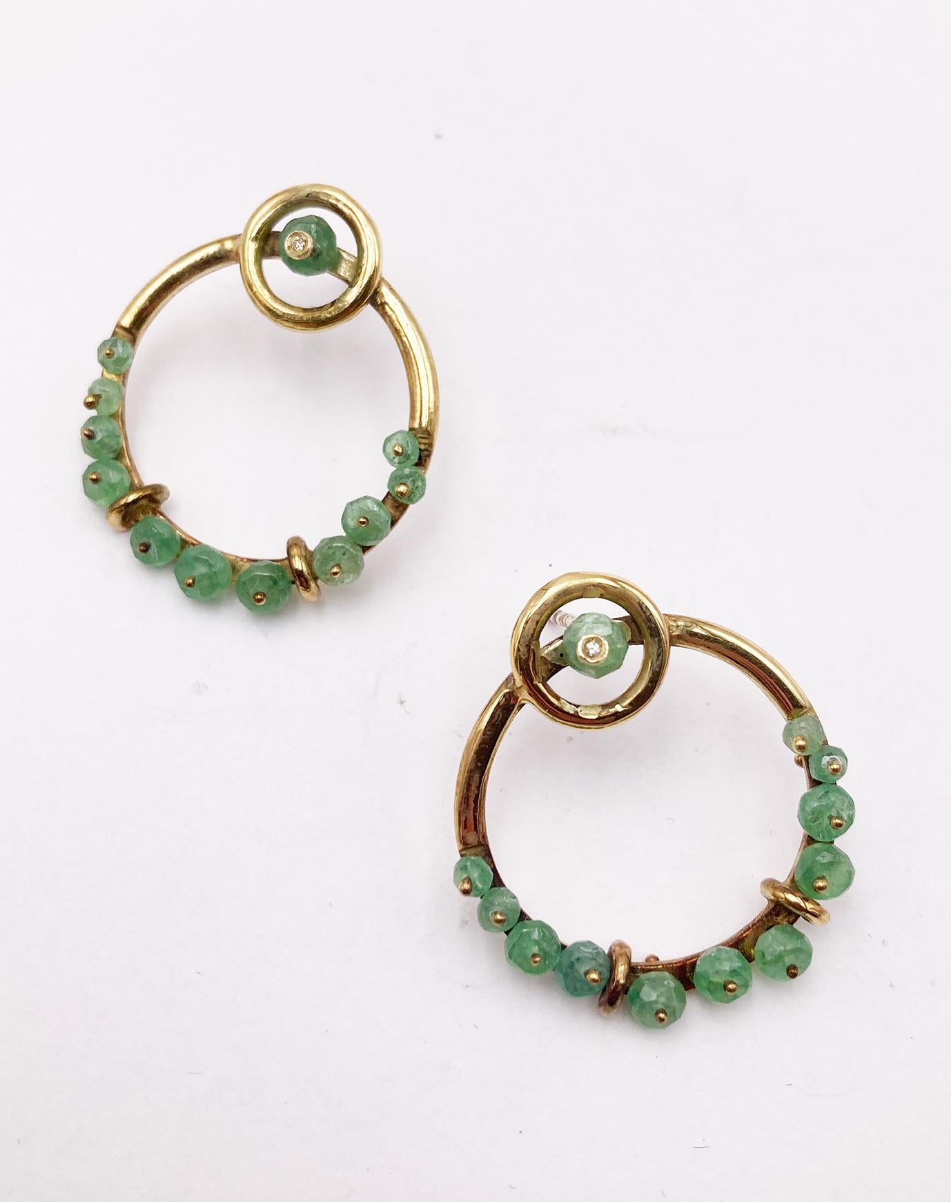 Rossella Ugolini 18K Yellow Gold Emerald Diamonds Hoops Nature Circle Earrings For Sale 2