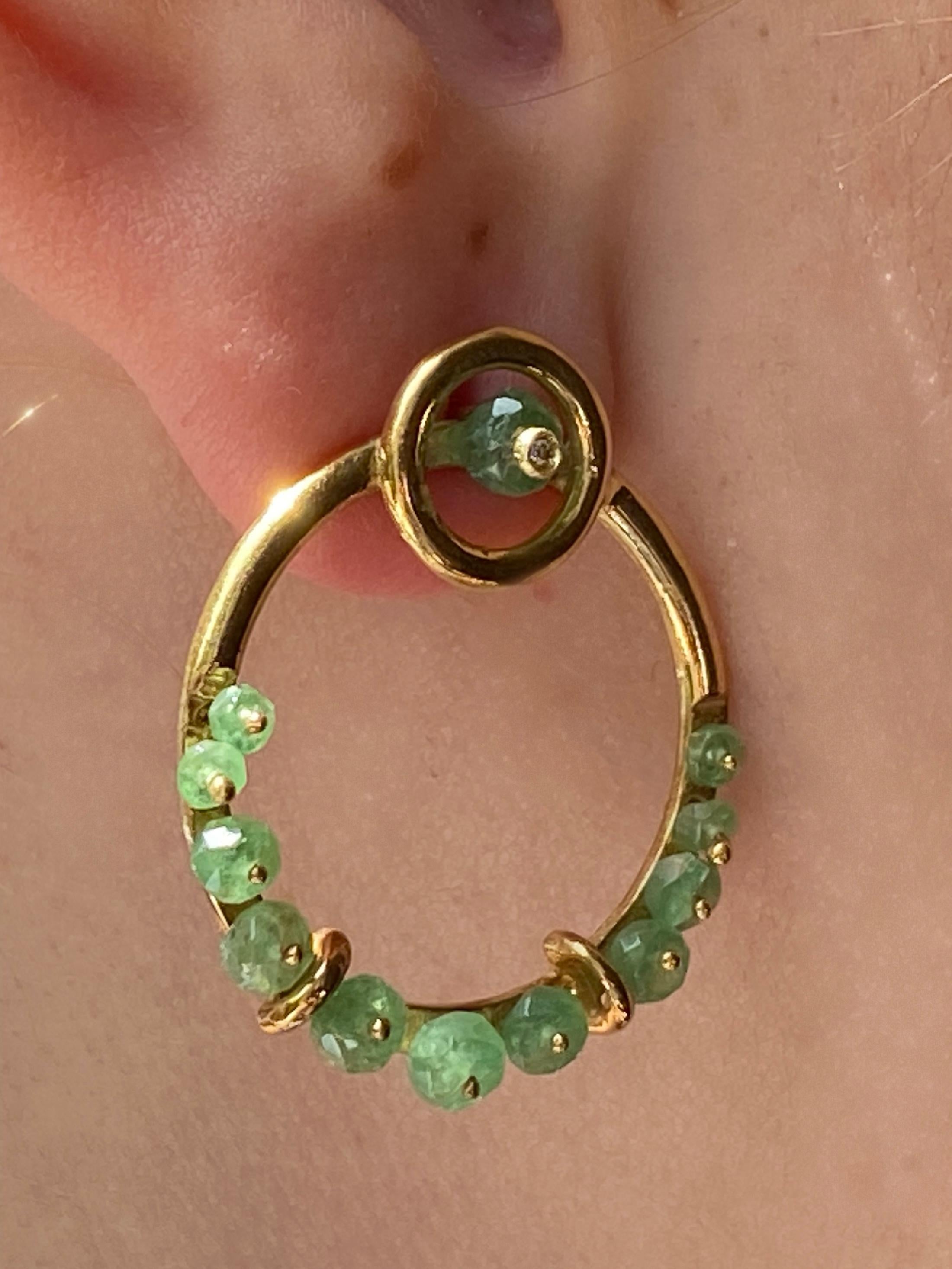Rossella Ugolini 18K Yellow Gold Emerald Diamonds Hoops Nature Circle Earrings For Sale 3