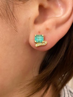 Rossella Ugolini 18k Yellow Gold Emerald White Diamonds Stud Earrings