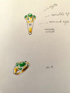 Rossella Ugolini 18k Yellow Gold Emeralds White Diamonds Agate Frog Man Ring