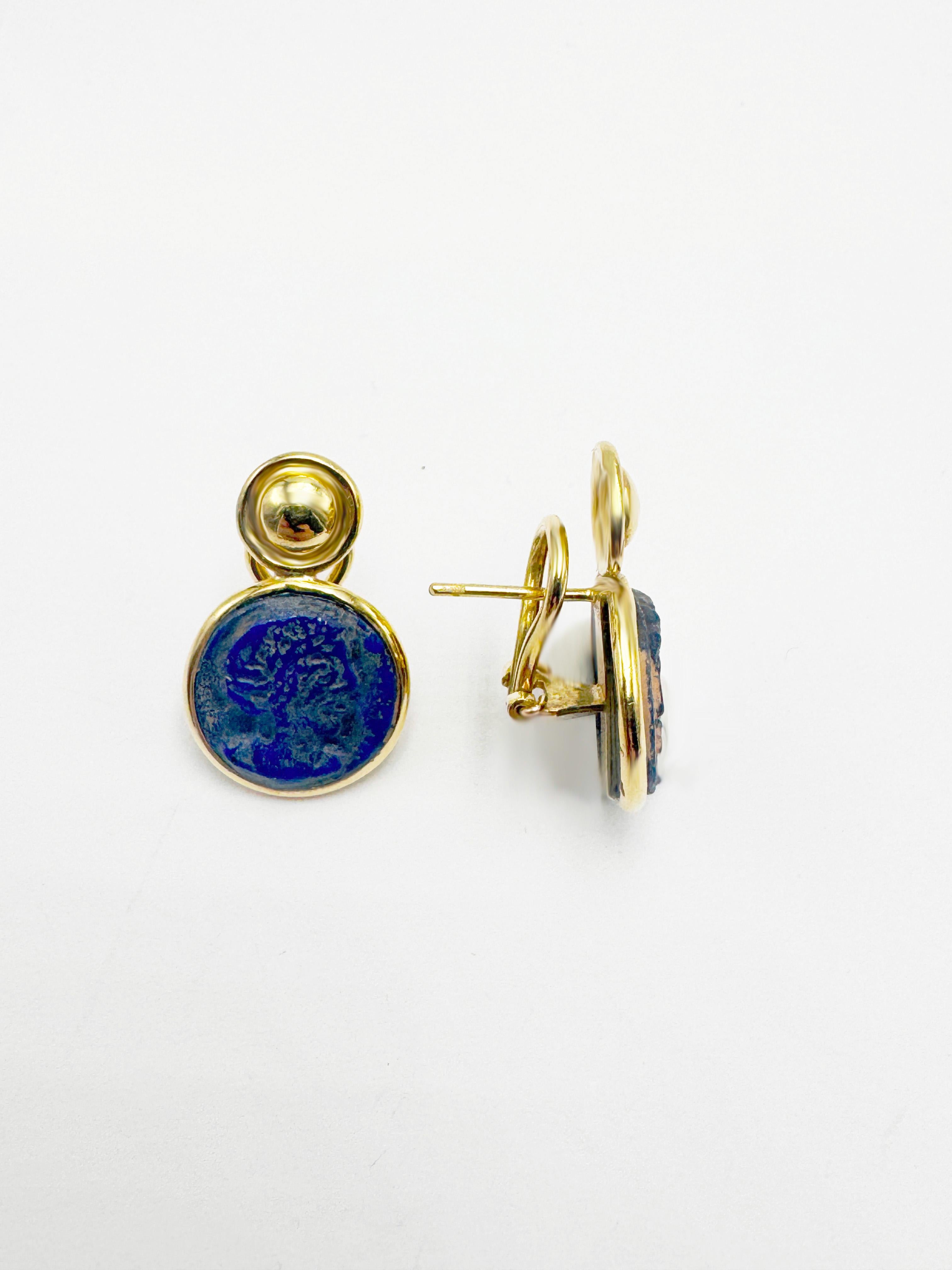 Portrait Cut Rossella Ugolini 18k Yellow Gold Lapis Lazuli Carved Coin Cameo Clip-on Earrings For Sale