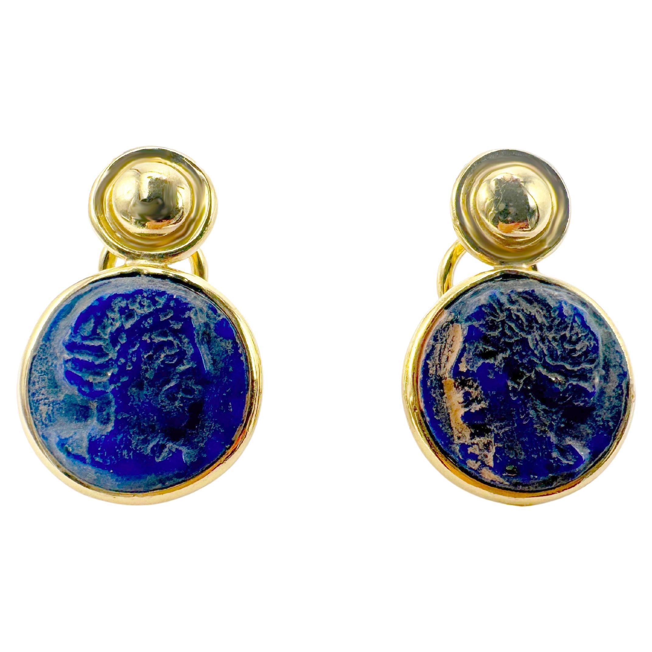 Rossella Ugolini 18k Yellow Gold Lapis Lazuli Carved Coin Cameo Clip-on Earrings For Sale