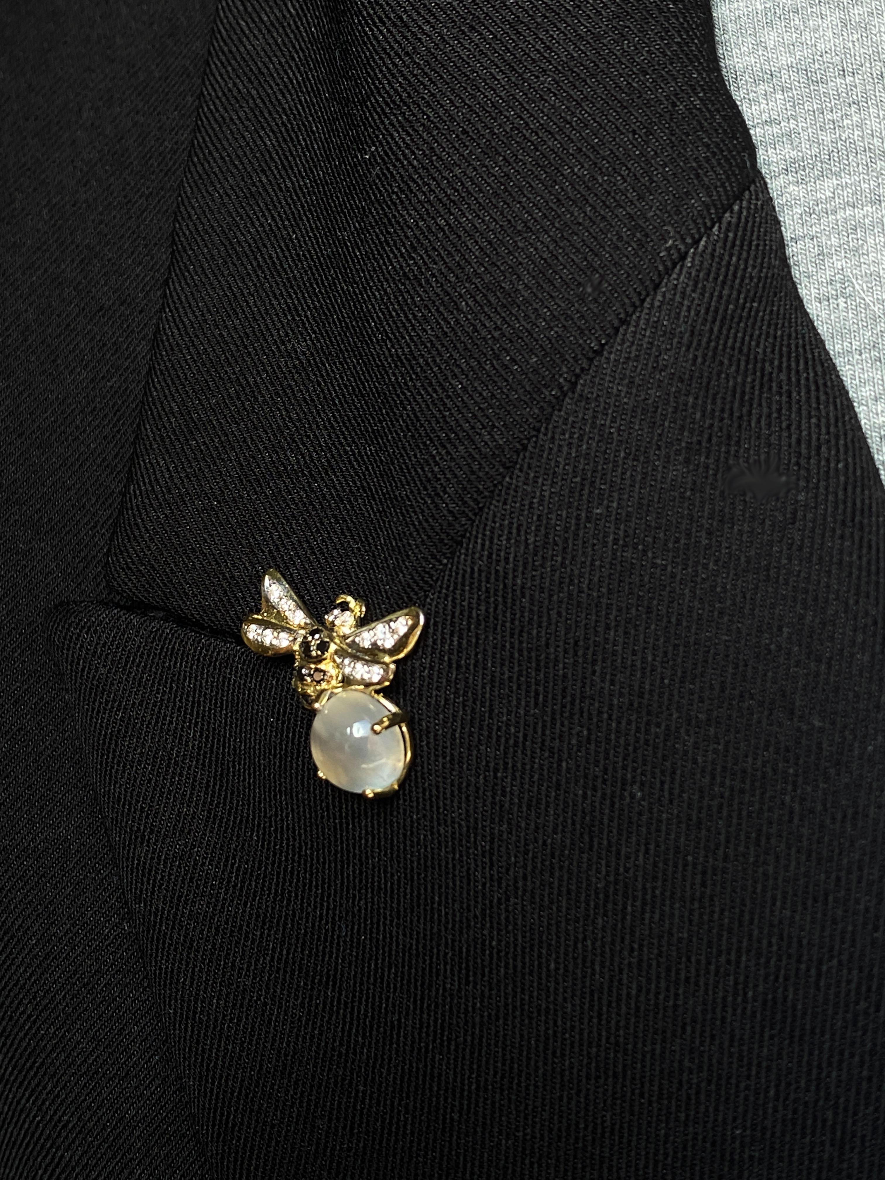 Cabochon Brooch Rossella Ugolini 18K Yellow Gold Moonstone White Diamonds Pin Unisex For Sale