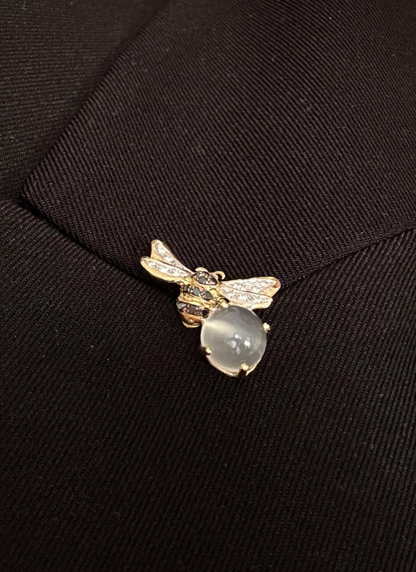 Men's Brooch Rossella Ugolini 18K Yellow Gold Moonstone White Diamonds Pin Unisex For Sale