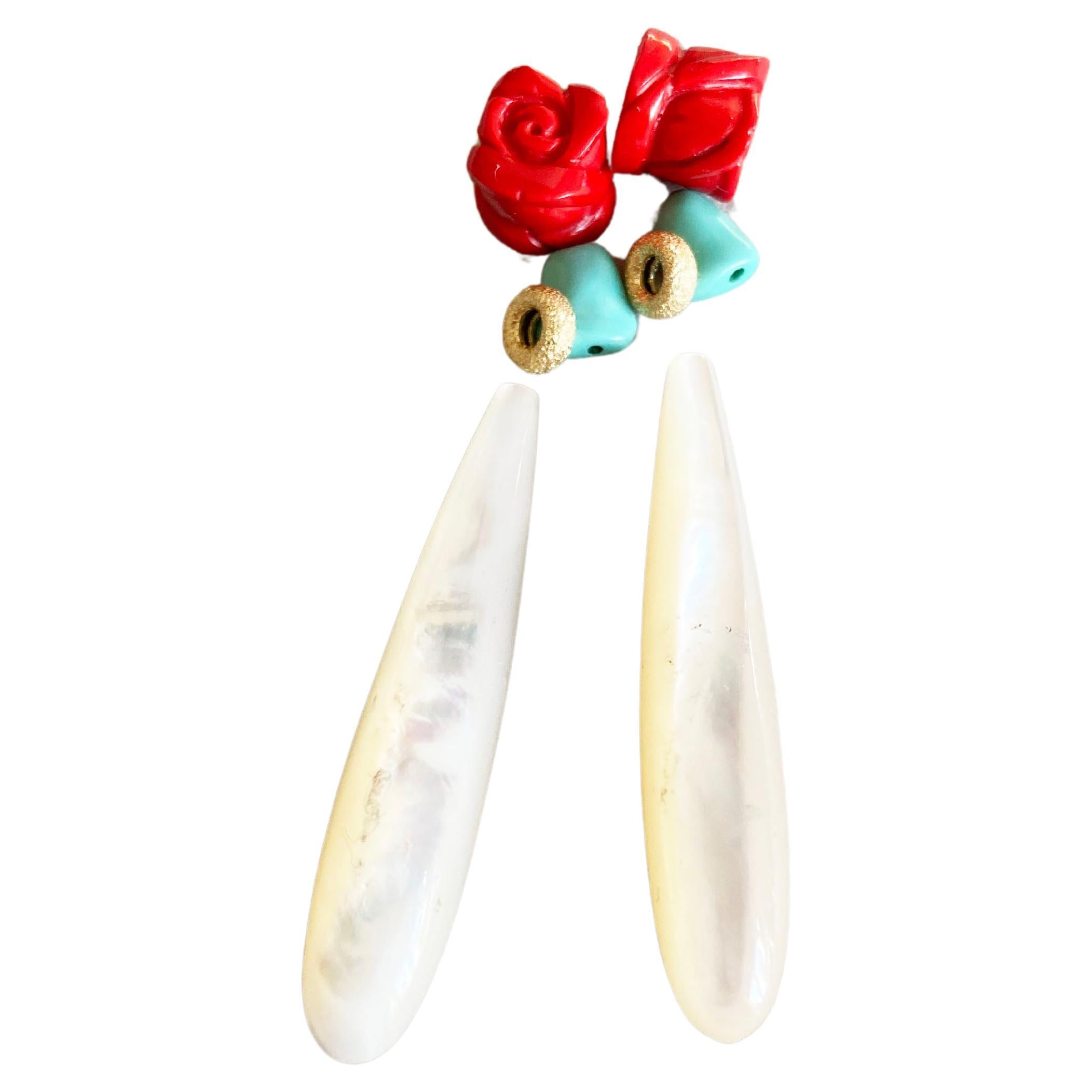 Rossella Ugolini 18K Yellow Gold Red Roses Deco Style Earrings Handmade in Italy In New Condition For Sale In Rome, IT