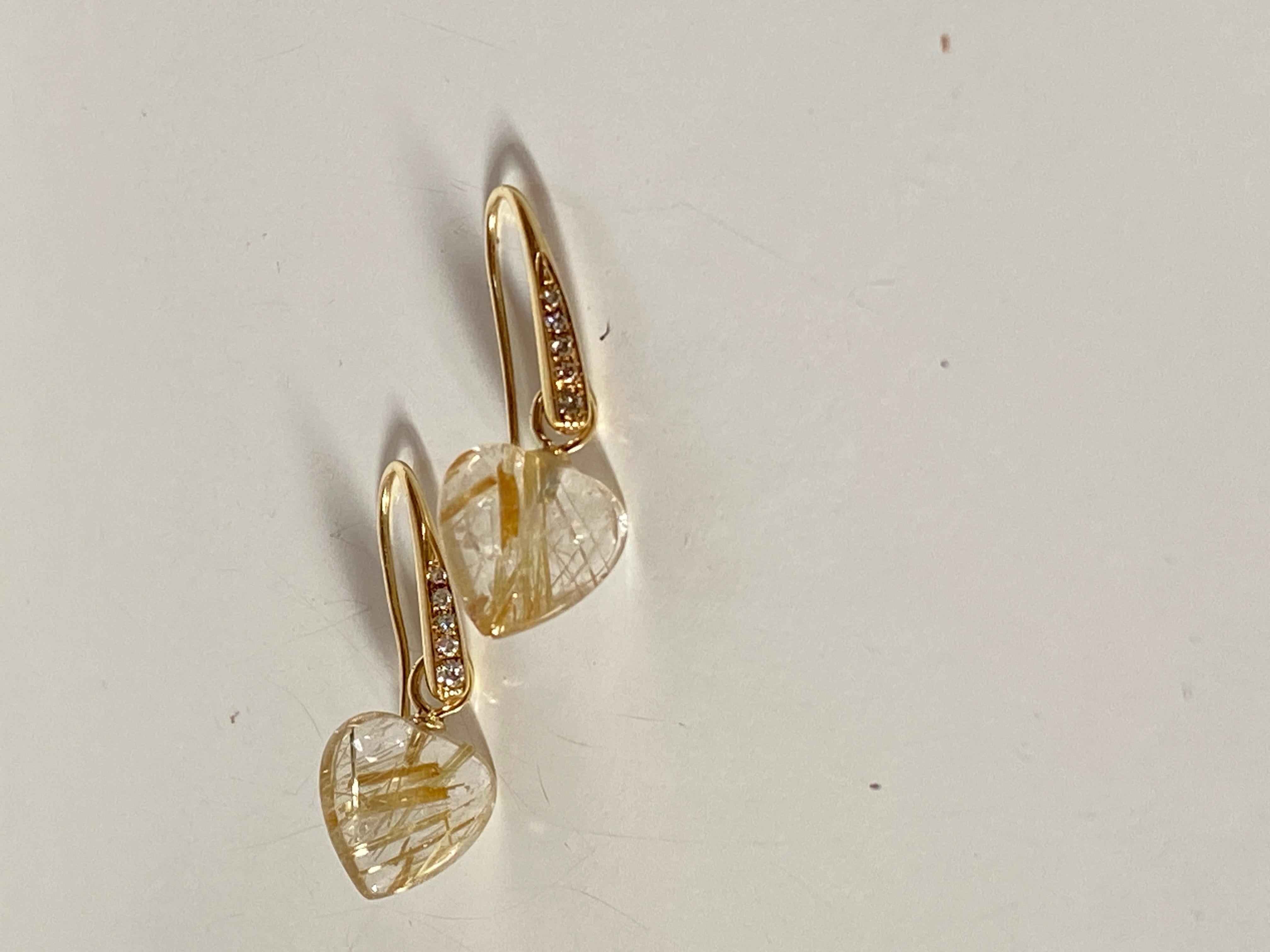 Rossella Ugolini, or jaune 18 carats  Boucles d'oreilles cœur en quartz rutile et diamants blancs Neuf - En vente à Rome, IT