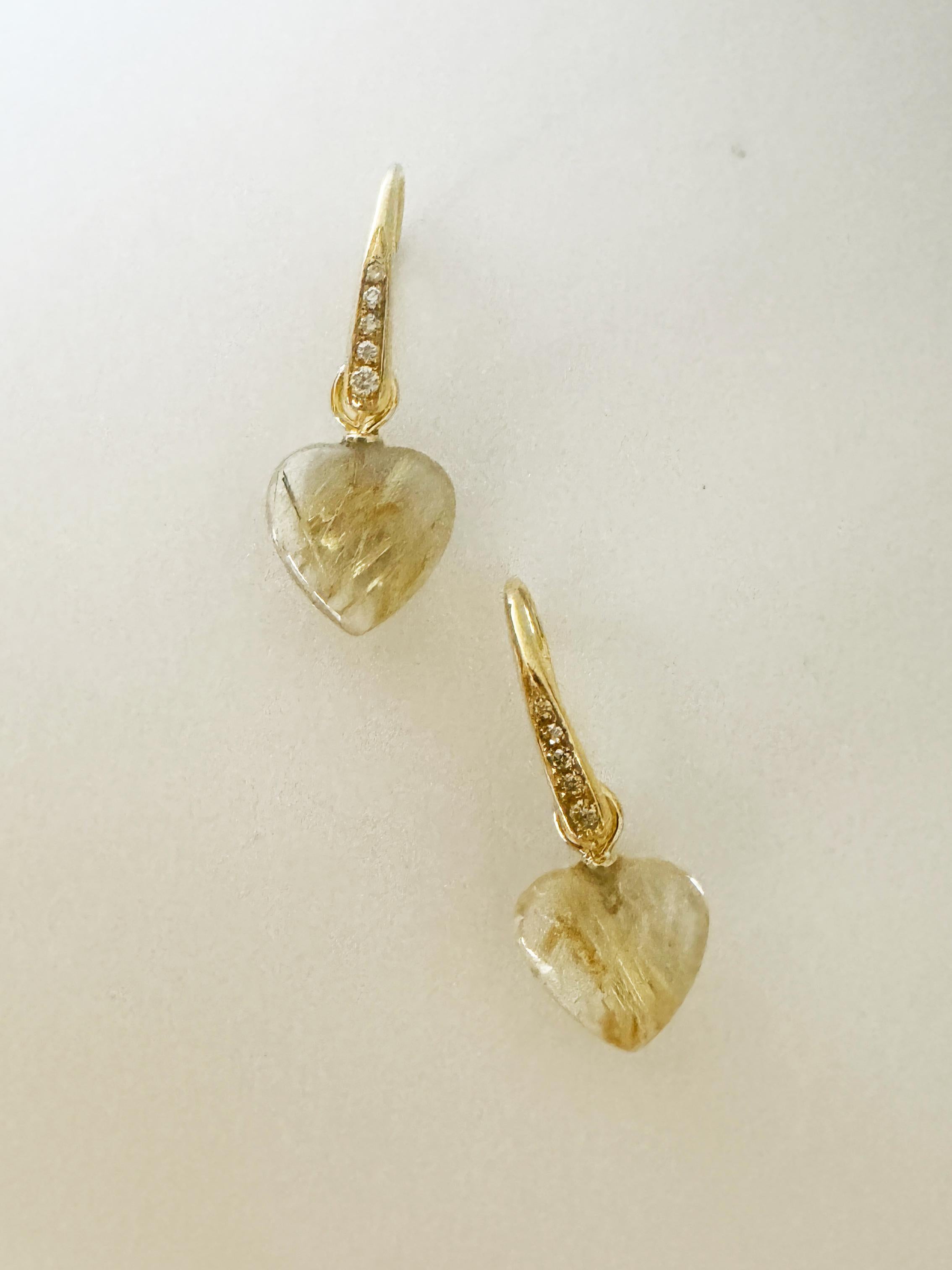 Taille cœur Rossella Ugolini, or jaune 18 carats  Boucles d'oreilles cœur en quartz rutile et diamants blancs en vente