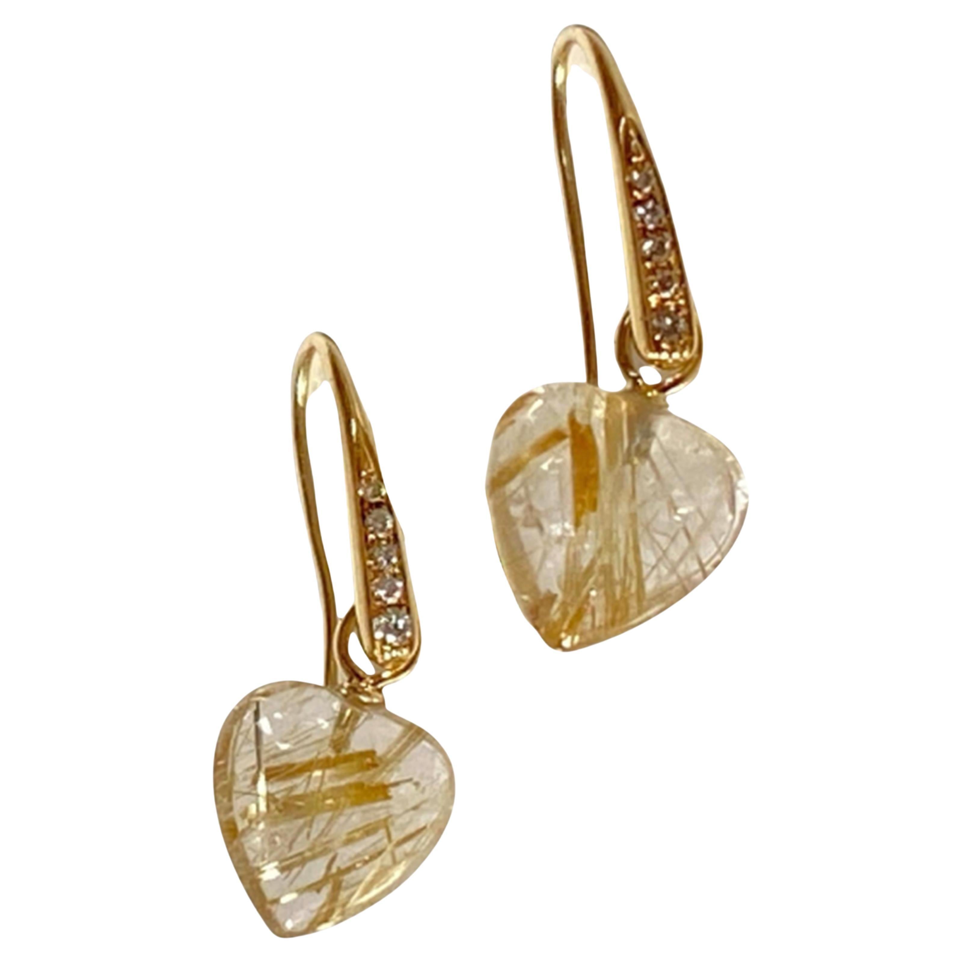 Rossella Ugolini 18K Yellow Gold  Rutilated Quartz White Diamonds Heart Earrings