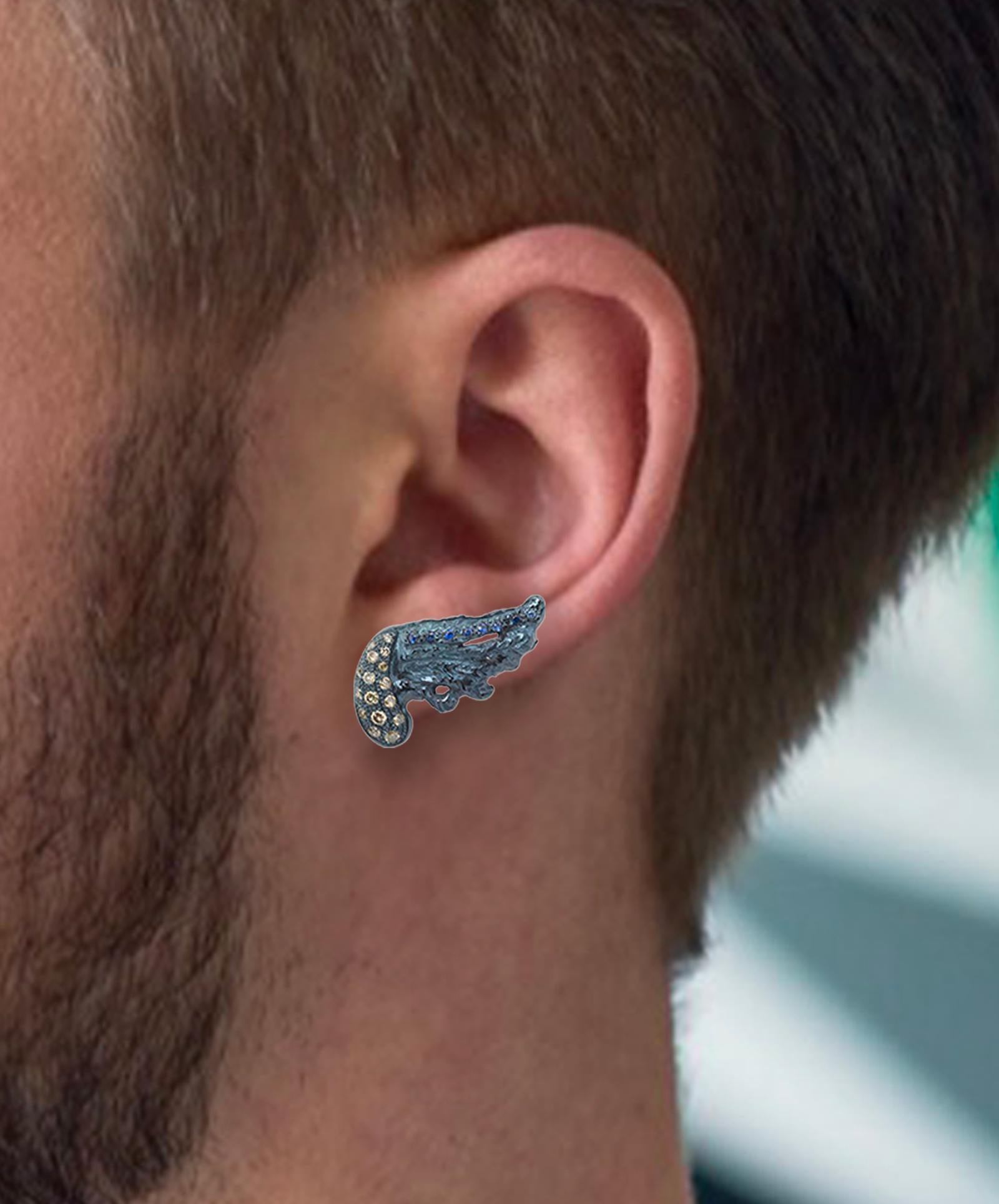 Rossella Ugolini 18K Yellow Gold Black Rhodium 0.30 carats brown diamonds, blue sapphires Feather Stud Man Earrings, meticulously handcrafted in Rome, Italy, Dimension: 1,18 inches (3 cm ) in length. Each feather is carefully carved in 18K Gold to
