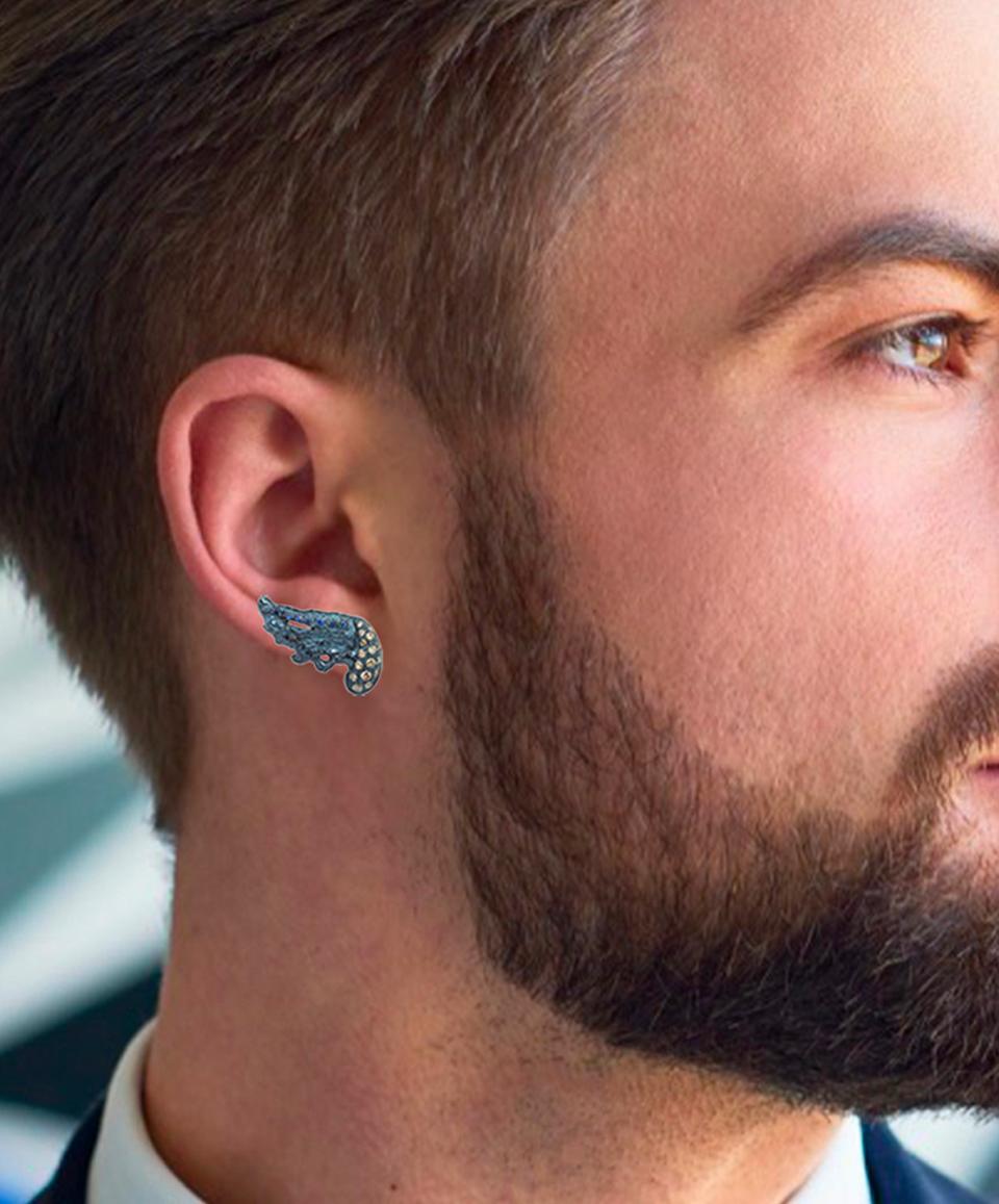 Modern Rossella Ugolini 18K Yellow Gold Sapphireer Diamonds Man Stud Feather Earrings For Sale
