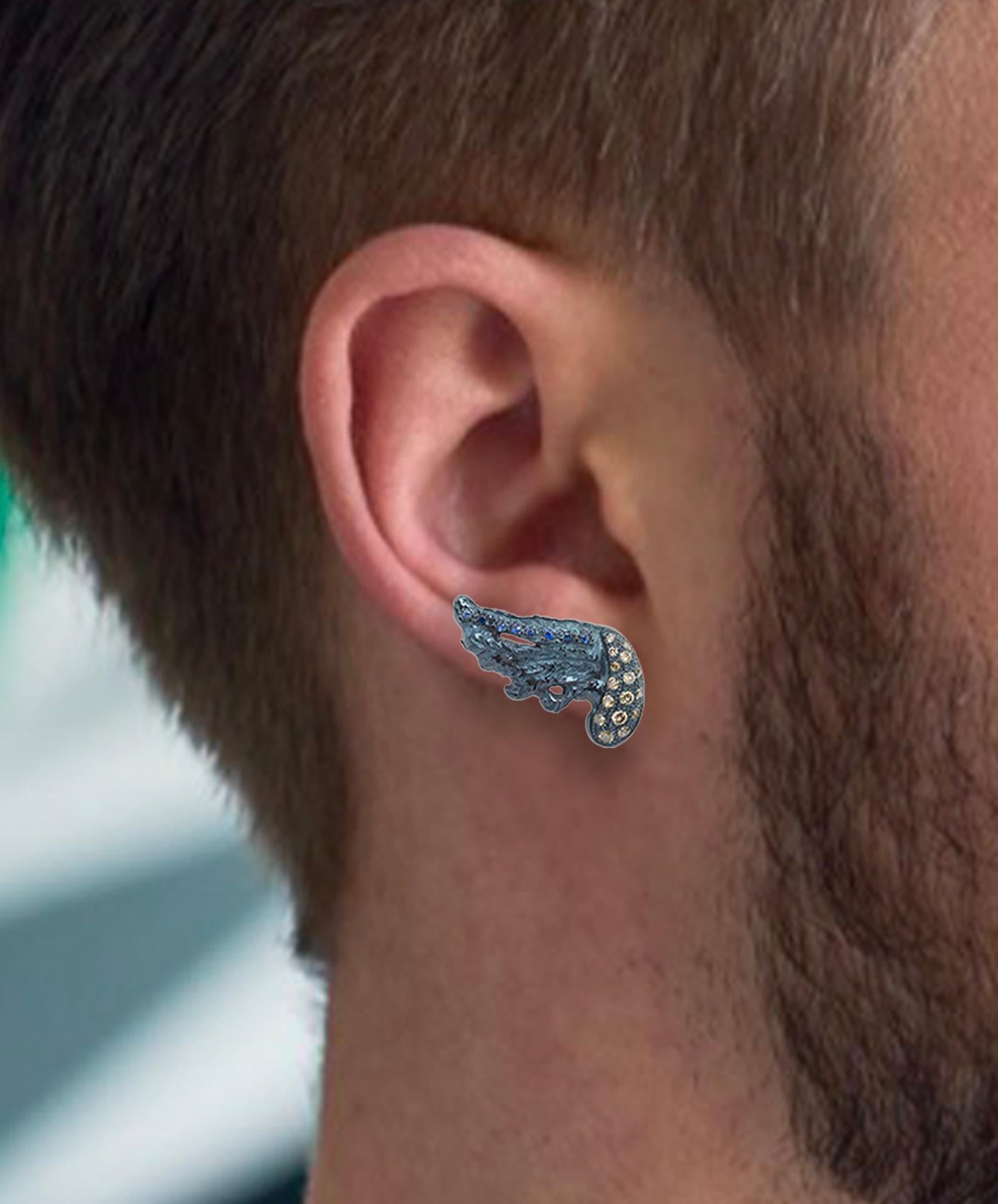 Men's Rossella Ugolini 18K Yellow Gold Sapphireer Diamonds Man Stud Feather Earrings For Sale