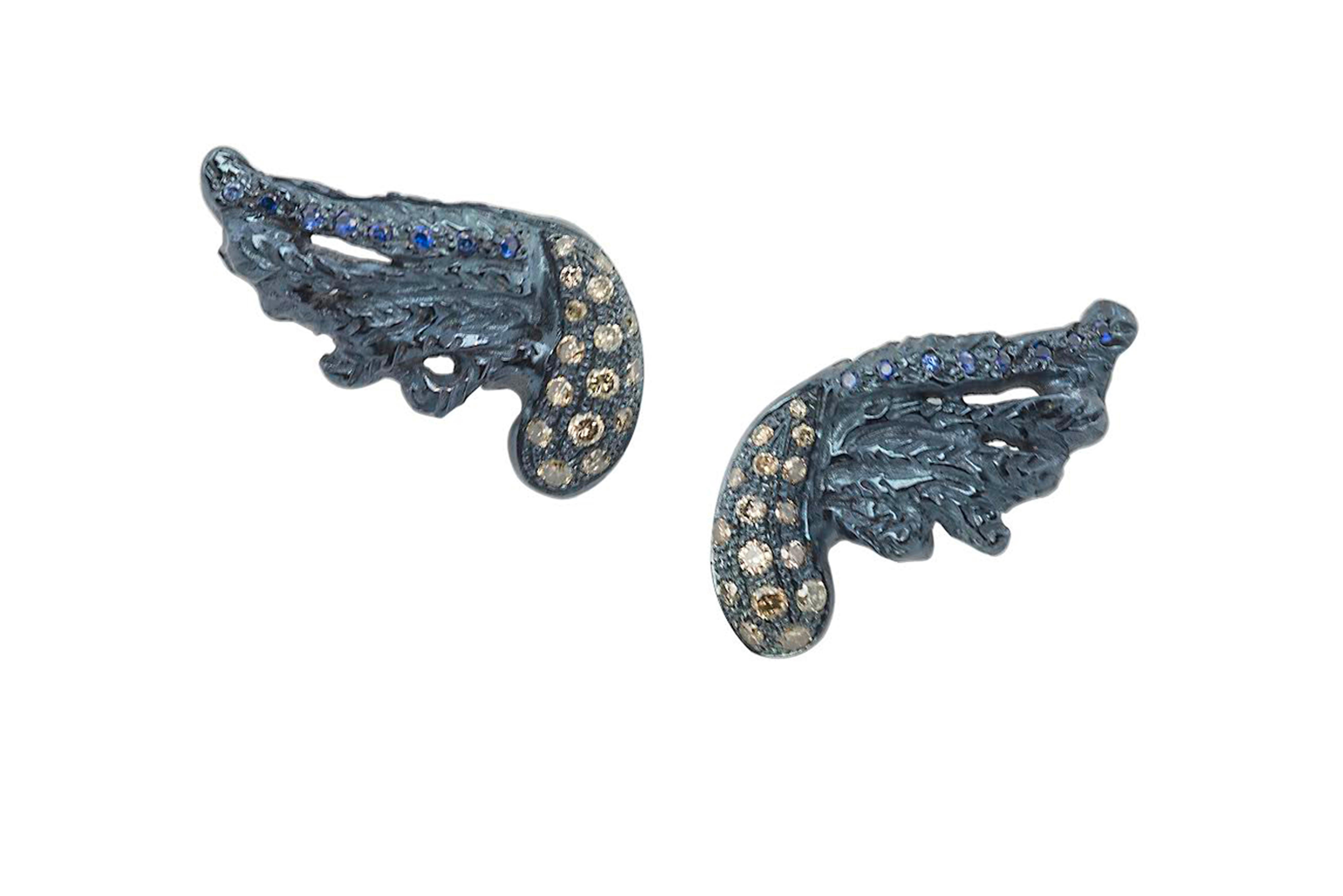 Rossella Ugolini 18K Yellow Gold Sapphireer Diamonds Man Stud Feather Earrings For Sale 2