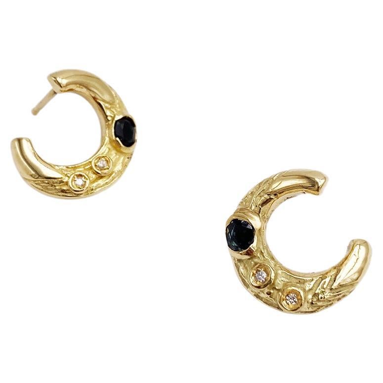 Artisan Rossella Ugolini 18K Yellow Gold Sapphires Diamonds Hoop Stud Earrings For Sale