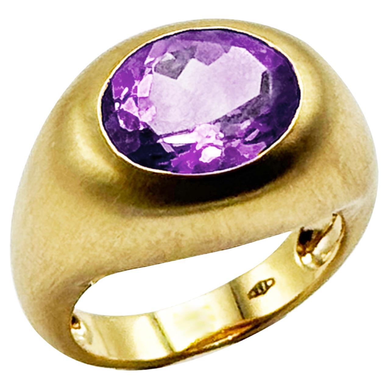 Rossella Ugolini 18K Yellow Gold Satin Oval Amethyst Cocktail Ring Made in Italy