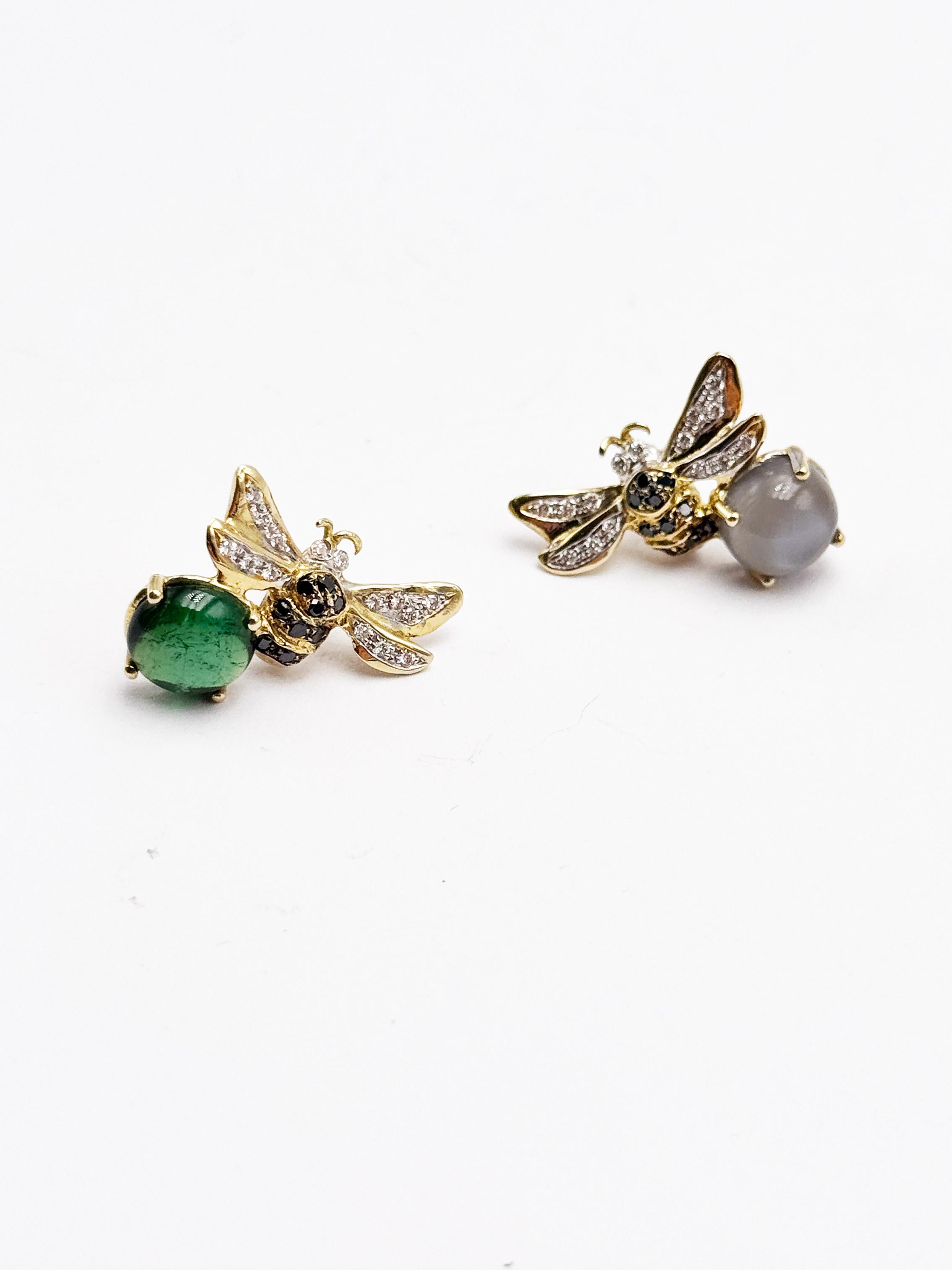 Rossella Ugolini 18k Yellow Gold Tourmaline White Diamonds Stud Bee Earrings For Sale 4