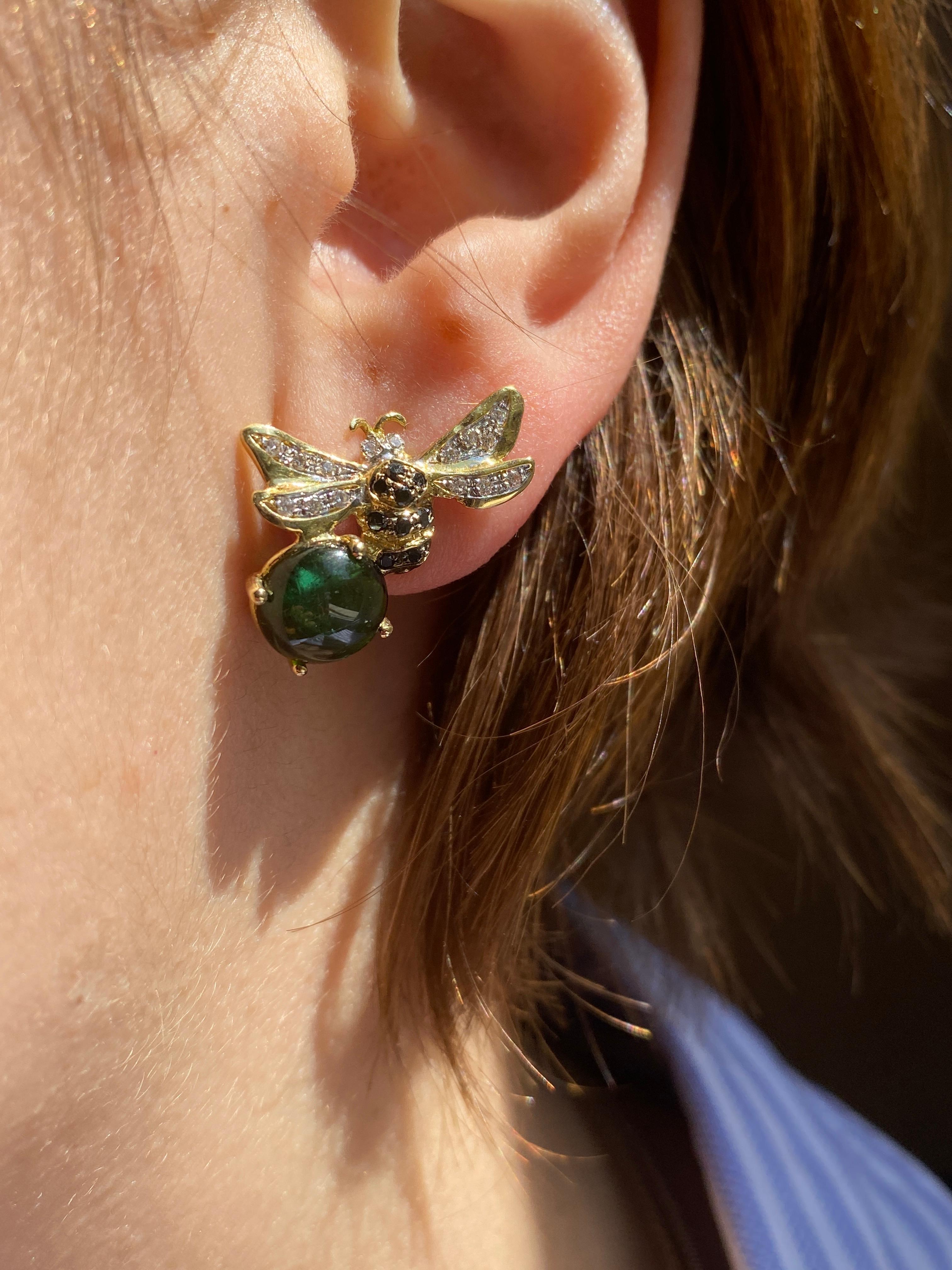 Rossella Ugolini 18k Yellow Gold Tourmaline White Diamonds Stud Bee Earrings For Sale 6