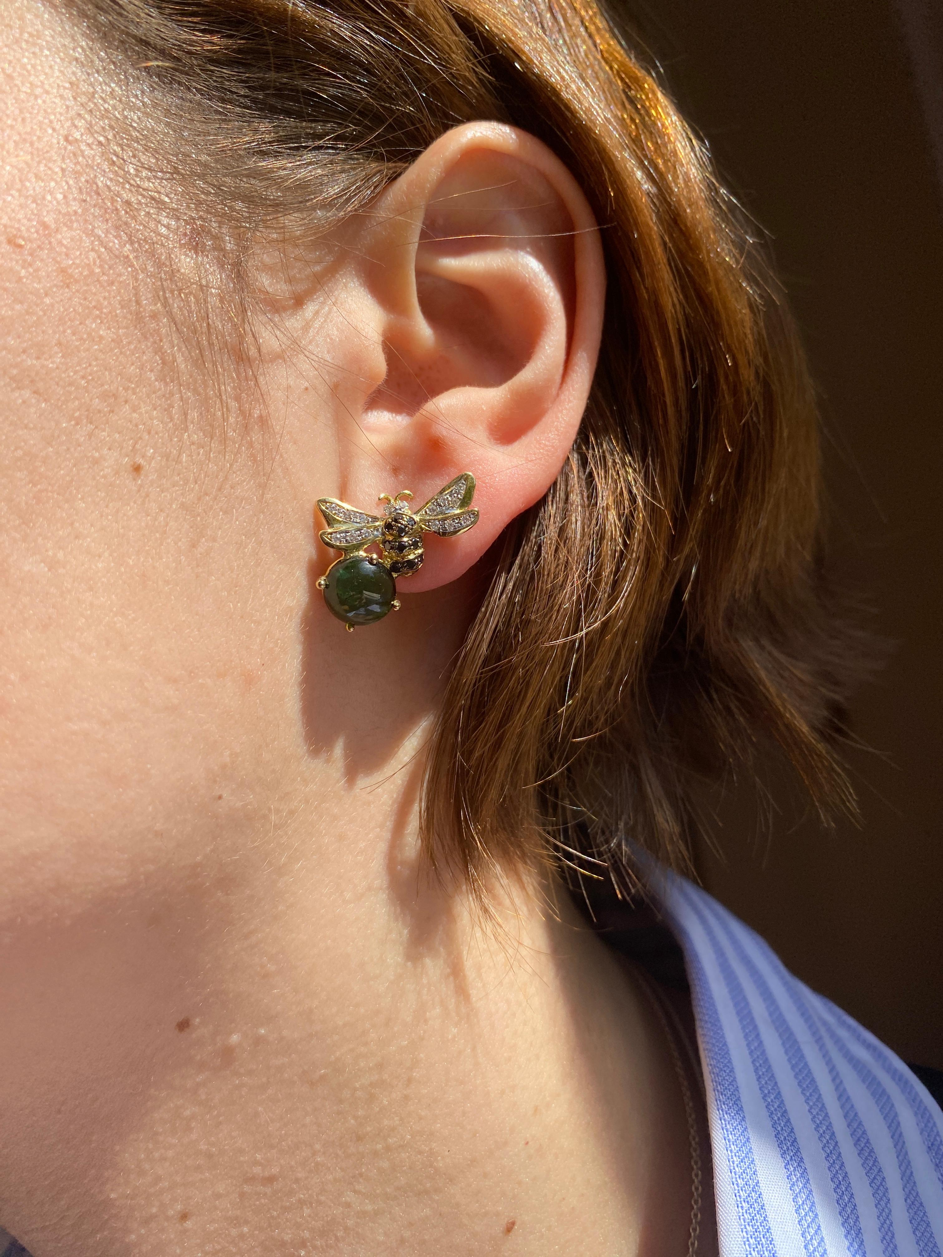 Modern Rossella Ugolini 18k Yellow Gold Tourmaline White Diamonds Stud Bee Earrings For Sale