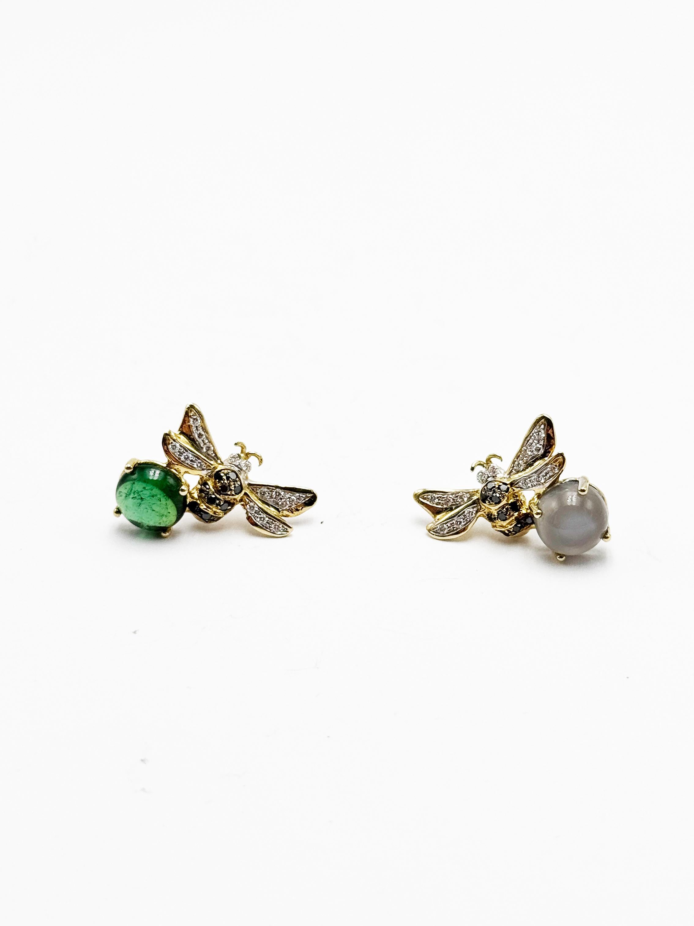 Rossella Ugolini 18k Yellow Gold Tourmaline White Diamonds Stud Bee Earrings In New Condition For Sale In Rome, IT