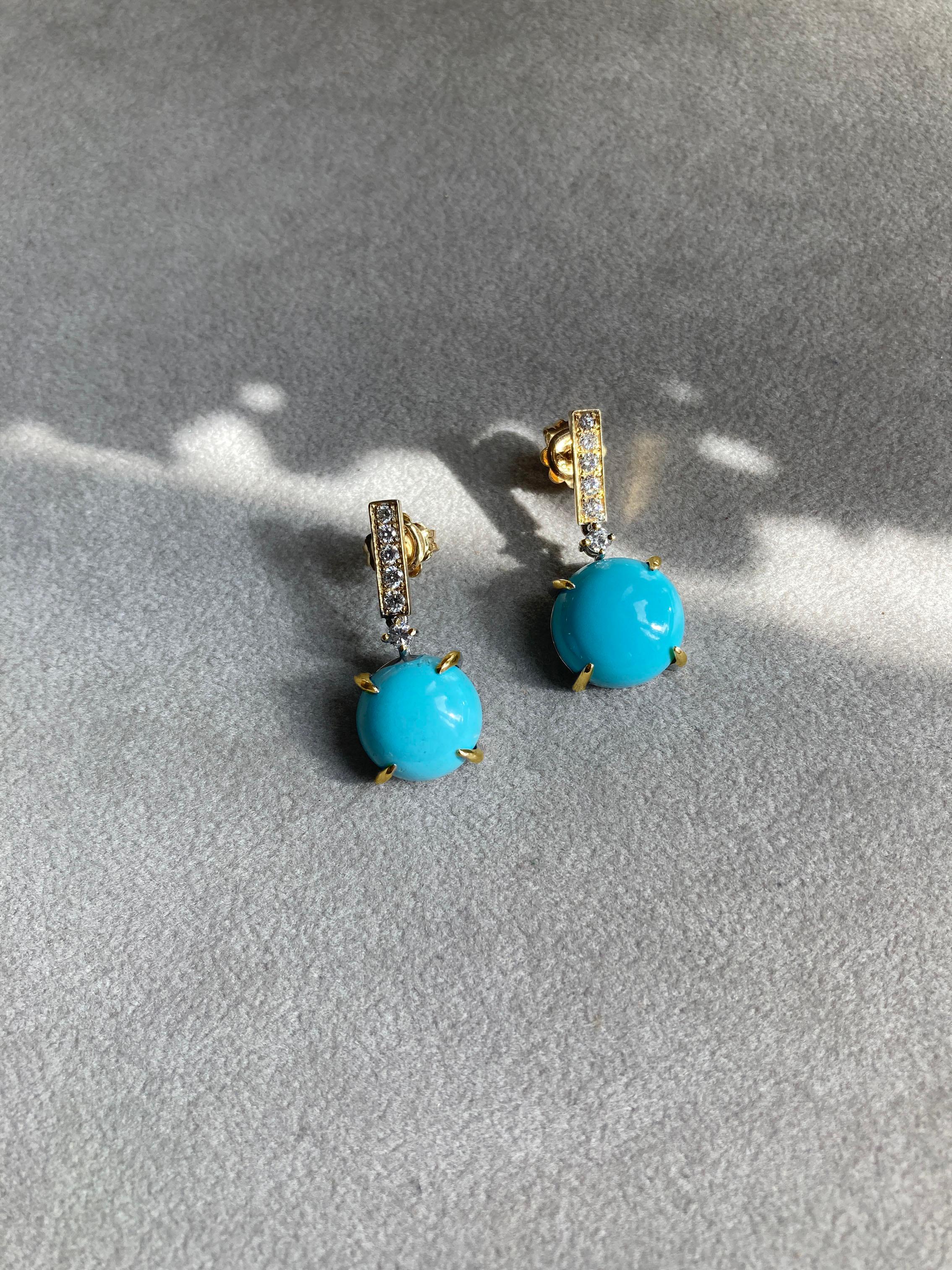 Rossella Ugolini 18K Yellow Gold Turquoise 0.16 Diamonds Mediterranean Earrings In New Condition For Sale In Rome, IT