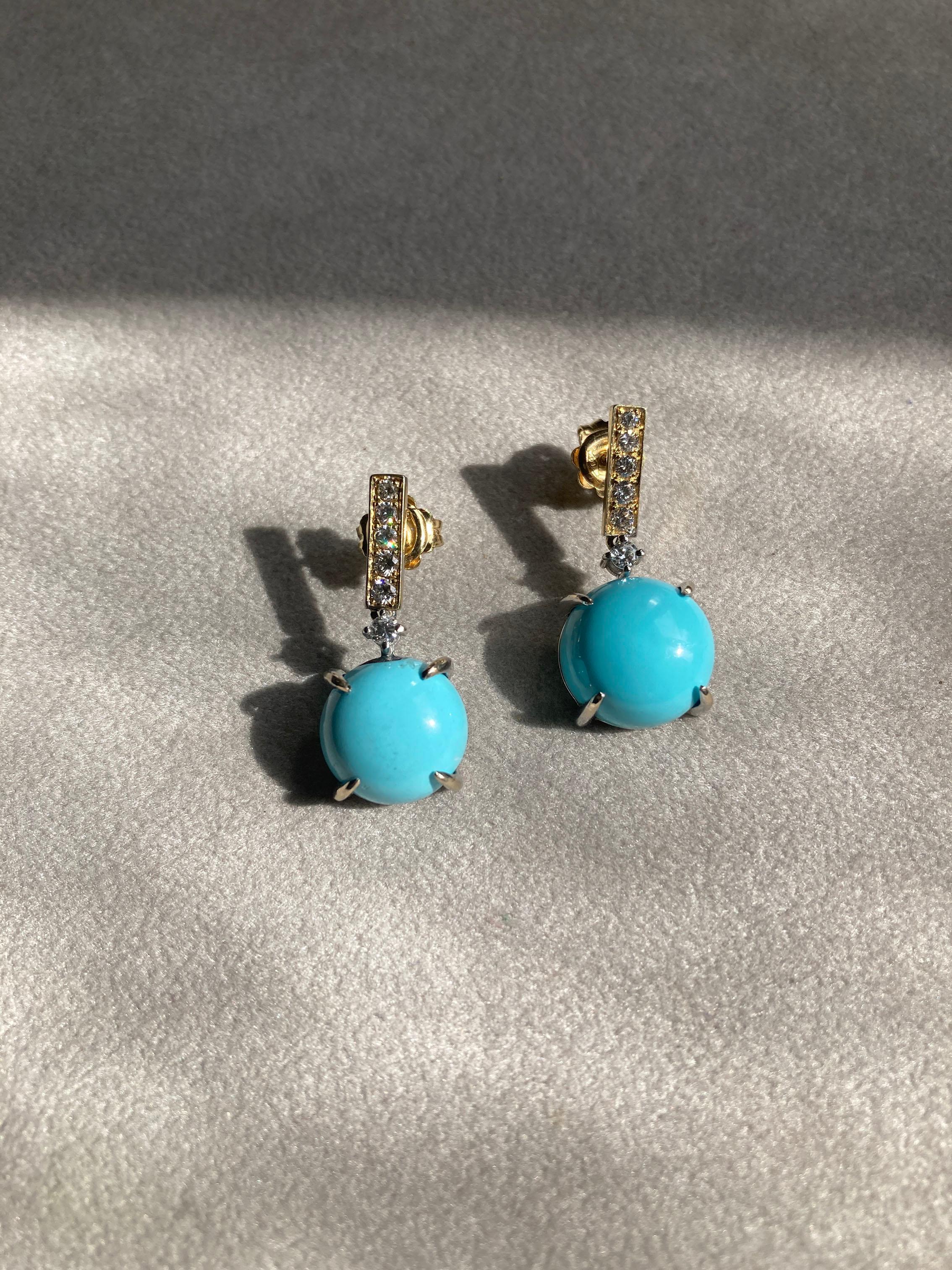 Art déco Rossella Ugolini, boucles d'oreilles en or jaune 18 carats, turquoise 0,16 diamant blanc en vente