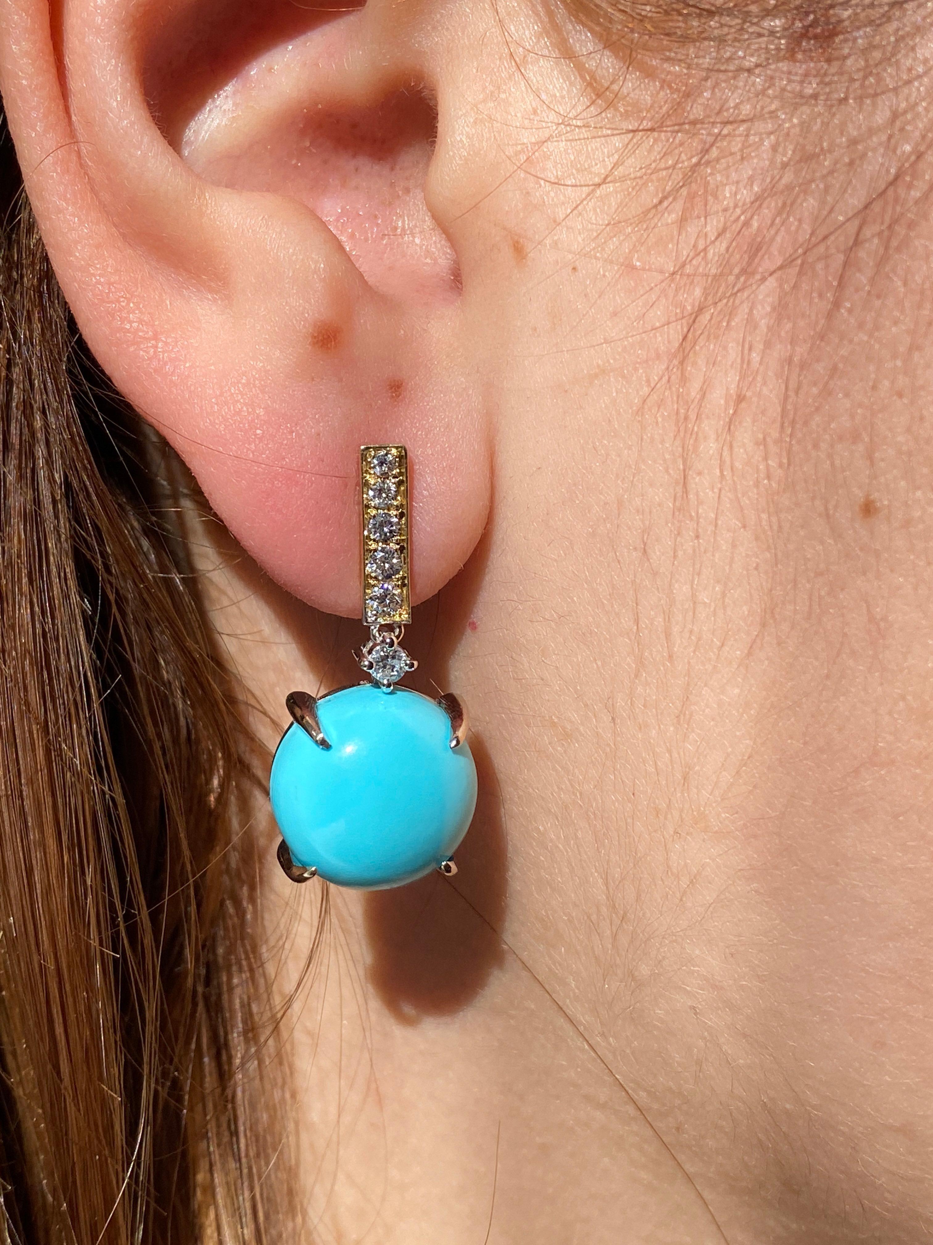 Rossella Ugolini, boucles d'oreilles en or jaune 18 carats, turquoise 0,16 diamant blanc en vente 2