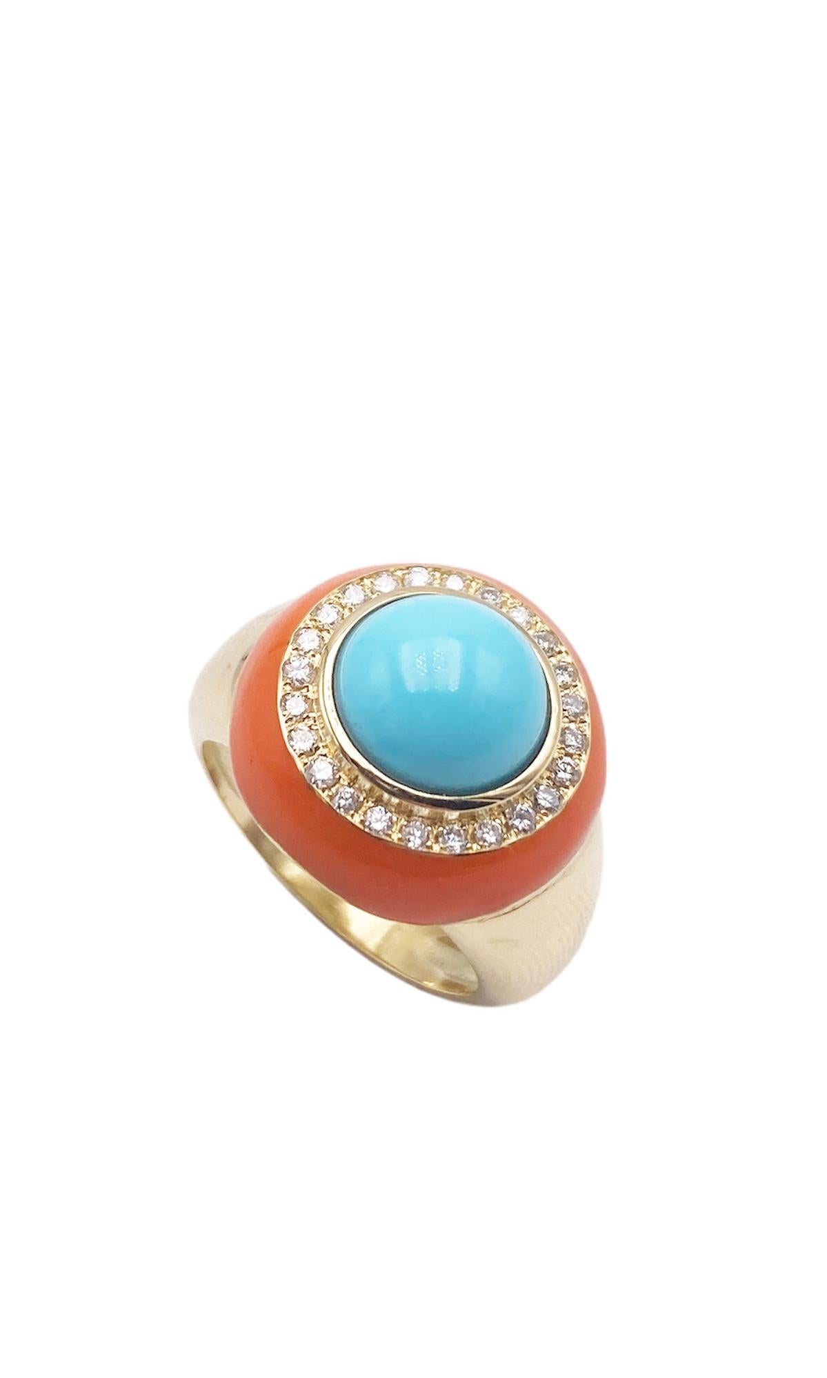 Rossella Ugolini 18K Yellow Gold Turquoise White Diamonds Cocktail  Ring For Sale 4