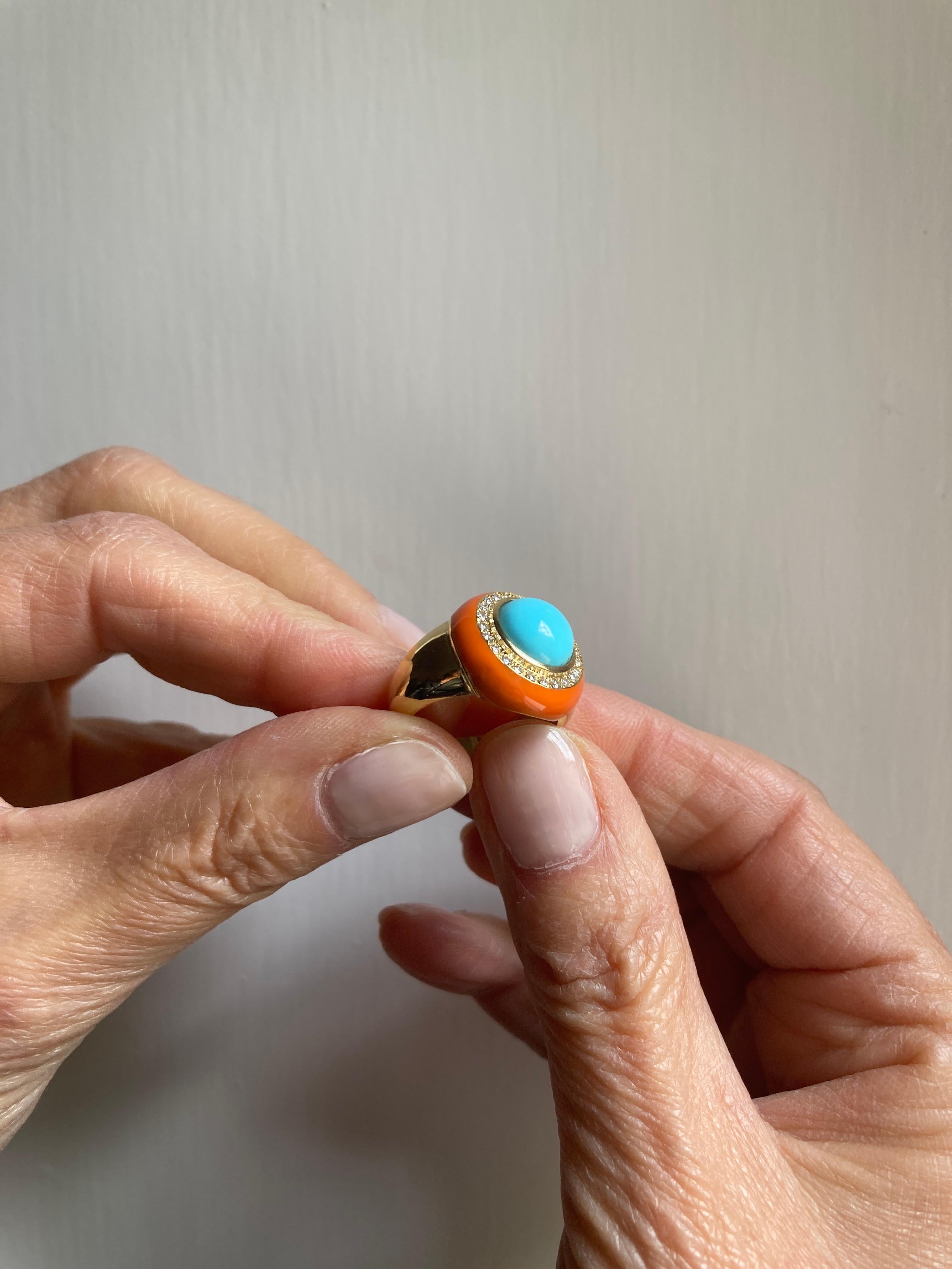 Rossella Ugolini 18K Yellow Gold Turquoise White Diamonds Cocktail  Ring For Sale 5