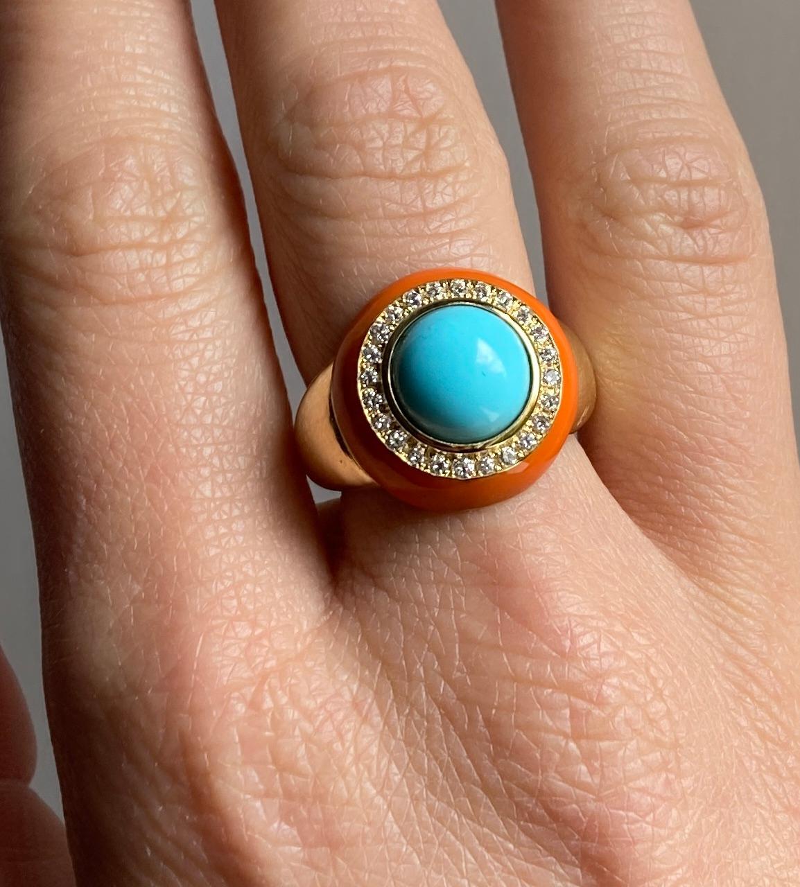 Art Deco Rossella Ugolini 18K Yellow Gold Turquoise White Diamonds Cocktail  Ring For Sale