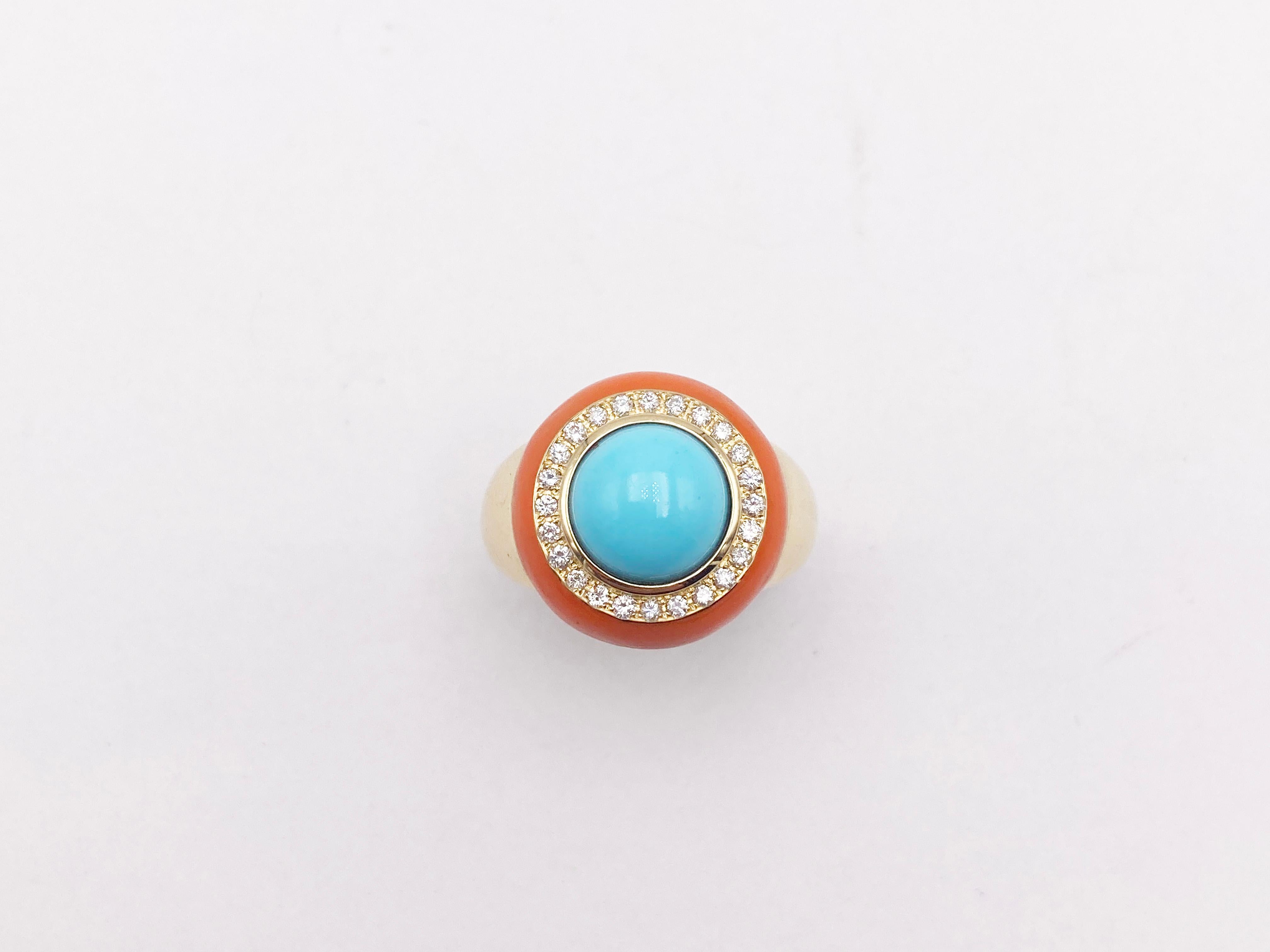 Cabochon Rossella Ugolini 18K Yellow Gold Turquoise White Diamonds Cocktail  Ring For Sale