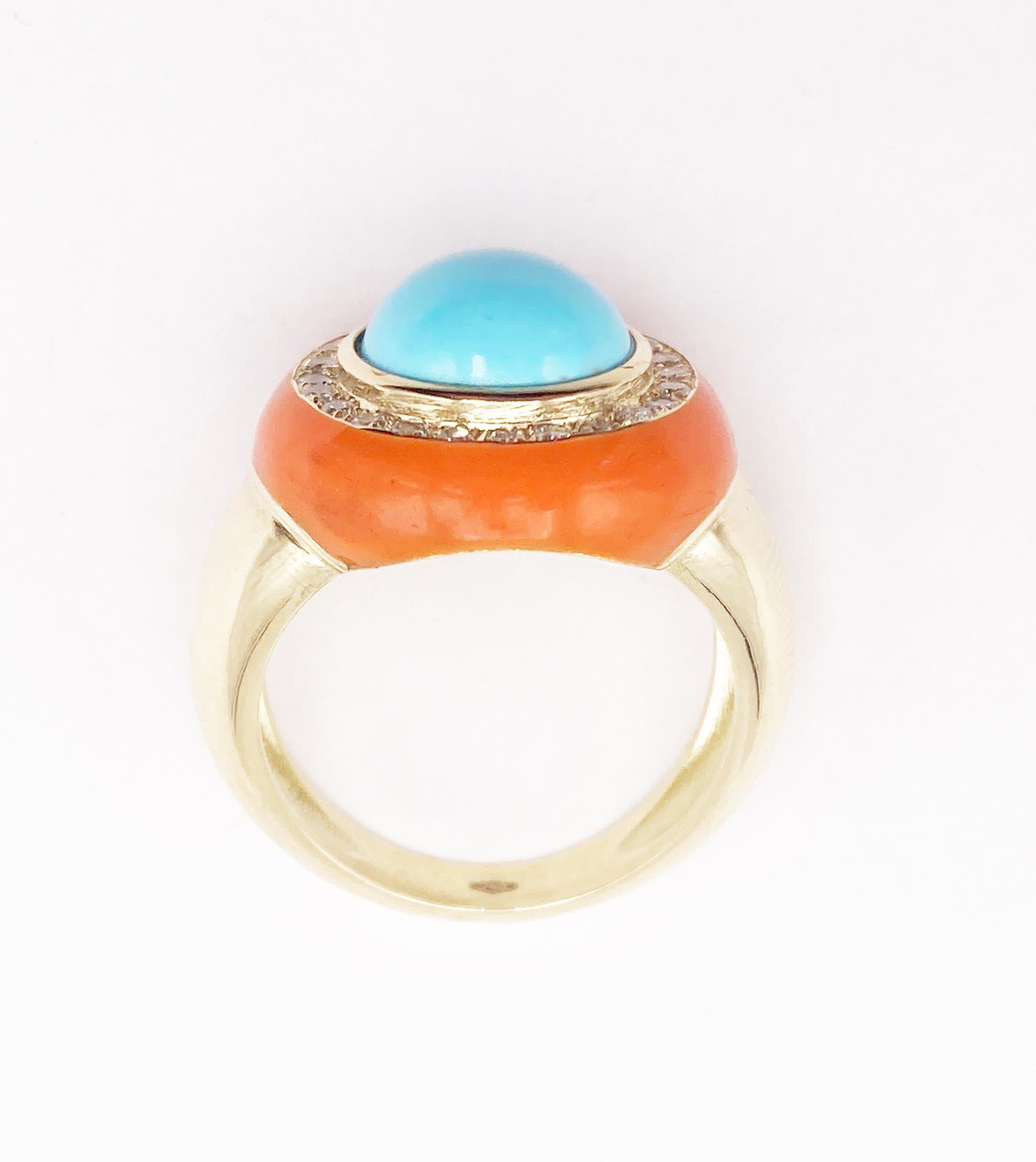 Rossella Ugolini 18K Yellow Gold Turquoise White Diamonds Cocktail  Ring For Sale 1